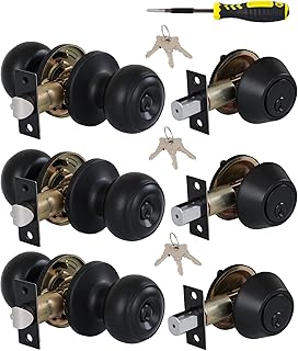 （3 Sets）All Keyed Alike Entry Door Knobs and Single Cylinder Deadbolt Lock Combo Set, Security for Entrance and Front Door with Classic Flat Ball Matte Black Finish by Lanwandeng