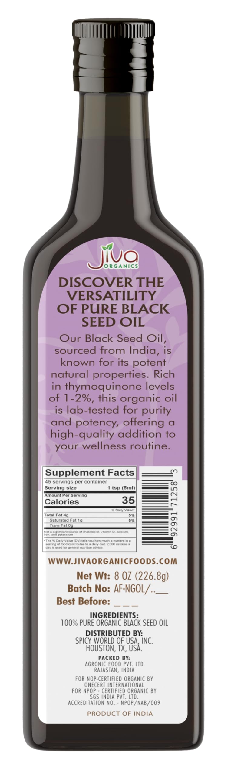 Organic Black Seed Oil 8 oz - Cold Pressed, Lab Tested Thymoquinone 1.5-2%, Unrefined, USDA Certified - Potent Nigella Sativa Kalonji Oil - Vegan Omega 3 6 9 - by Jiva Organics — Amazon image 2