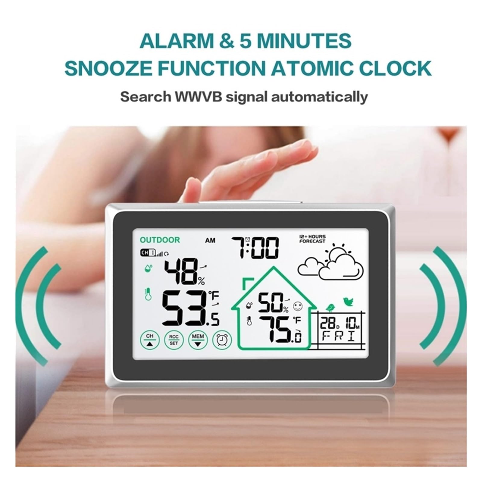 Bezprzewodowa stacja pogodowa dotykowy LCD cyfrowy zegar ścienny DCF In/Outdoor termometr higrometr Trend Comfort Forecast Sensor