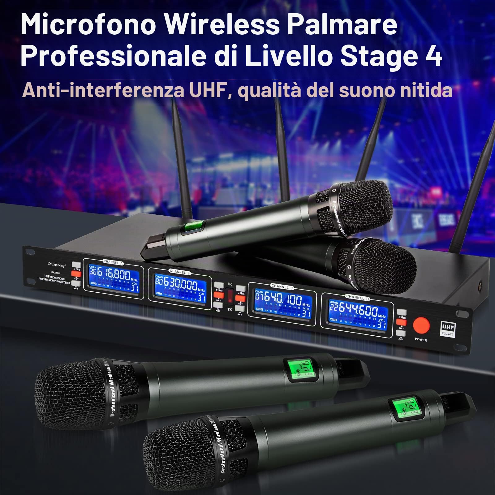 Depusheng Microfoni wireless Microfono palmare wireless dinamico professionale 4 canali, set per karaoke, ricezione a lunga distanza di 100 metri, Ottimo per palcoscenico festa matrimonio