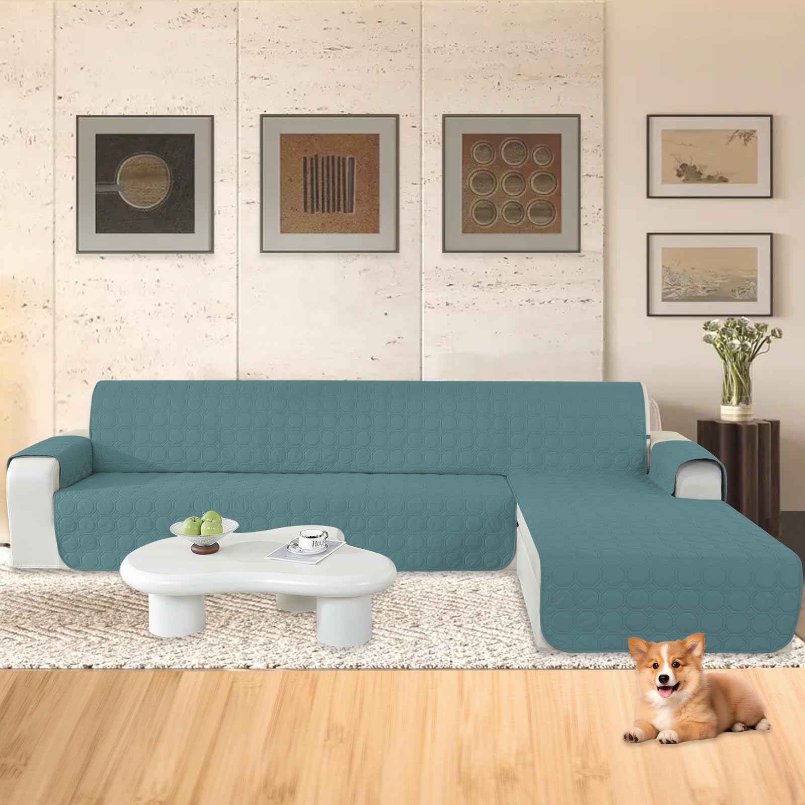 Ystyle Copridivano Impermeabile con Penisola 3 Posti (L 255 CM), Copridivano Angolare Destra/Sinistra Universale Reversibile, Copridivano Chaise longue Antigraffio Antimacchia, Blu Acqua Chiara