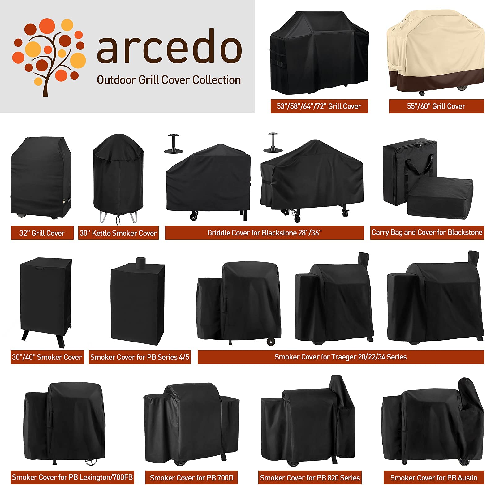 Arcedo Cubierta para Parrilla, Resistente al Agua, Resistente a la decoloración, Cubierta de Gas con Correas, Resistente al Aire Libre, se Adapta a Weber, Char-Broil, Nexgril, Napolean, Negro, 55