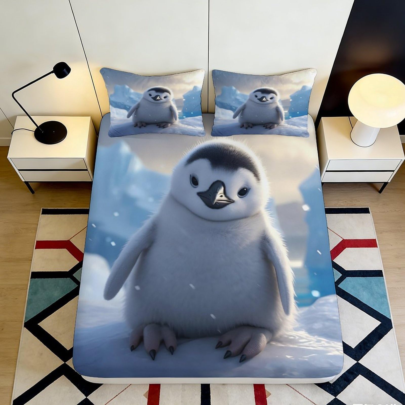 Jqzkxnhpbr Style-5 3D Printed Cute Penguin Fitted Sheet Microfiber Soft Grey Blue Ice Snow Mattress Cover For Bedroom Dorm Easy Care Decor 90X200x25cm