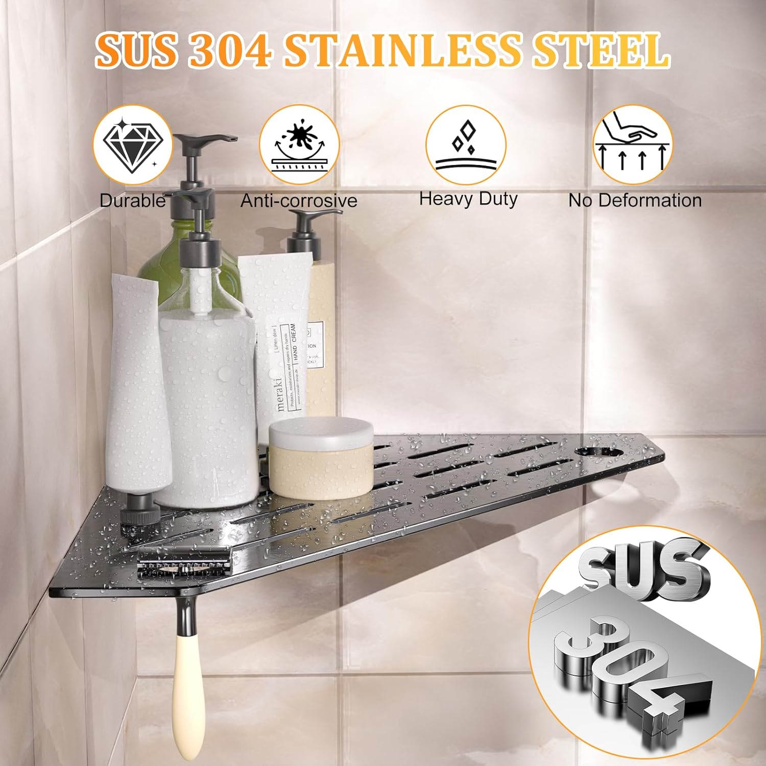 10" Corner Shower Shelves with Razor Holder, Rustproof Stainless Steel Shower Corner Shelf, Grout in Bathroom Shower Shelf Corner for 90°Tile Wall 2-Pcs(Black)