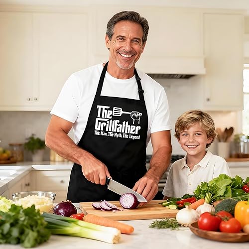 Miniatura 7 de Kaidouma Delantal de parrilla para hombres y papá, The Grillfather - Divertido delantal de cocina con 2 bolsillos - Cumpleaños, Día del Padre,
