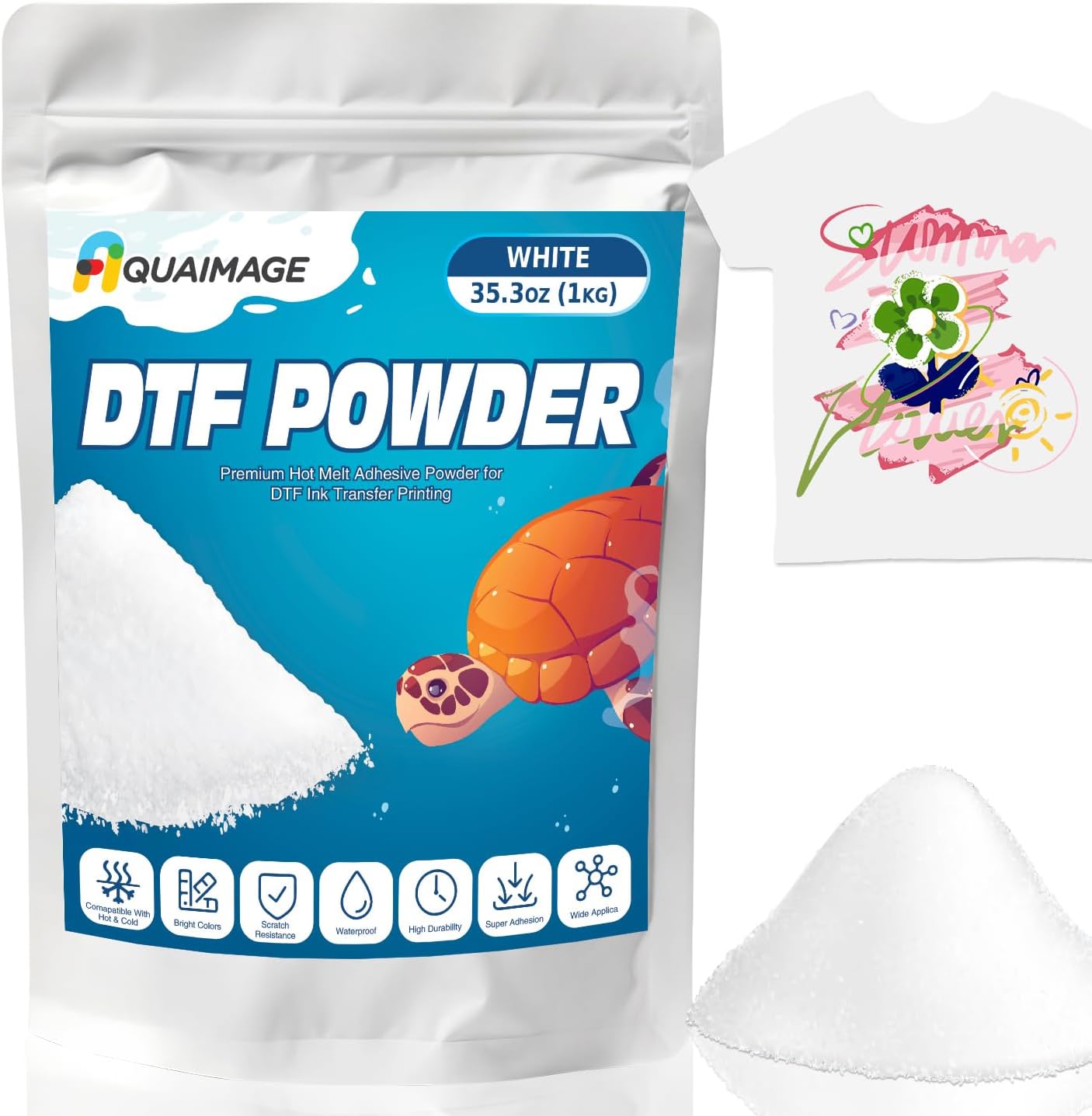 Aquaimage DTF Powder White 1KG/35.3 oz Digital Transfer Hot Melt Adhesive, Compatible with DTF and DTG Printers, DTF PreTreat Powder for All Fabric Jeans Cotton T-Shirt