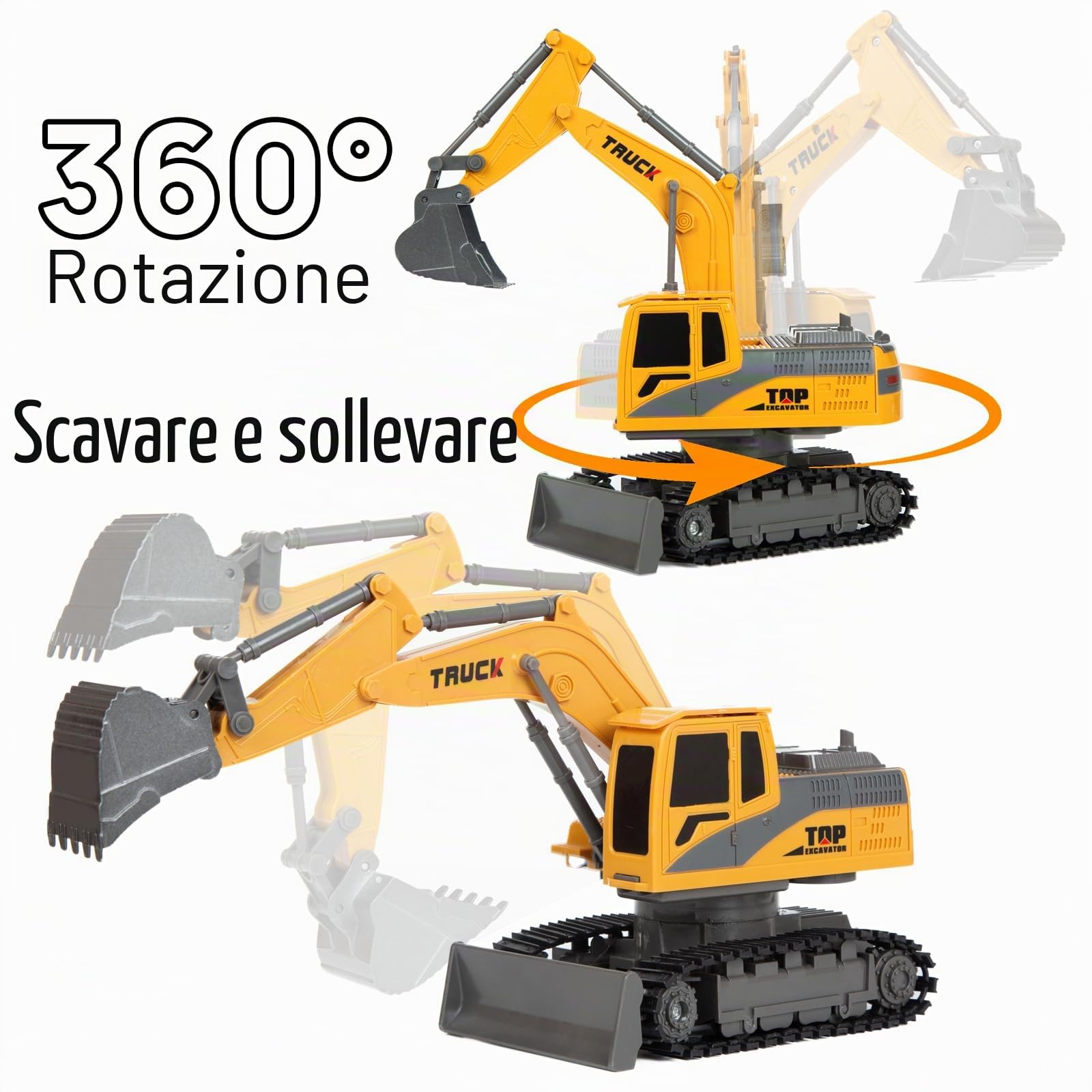 Giocattoli Escavatore Telecomandato per Bambini, 2 in 1 RC Scavatore Trattore con Bulldozer, 2.4Ghz Veicoli da Costruzione Giocattoli Auto con Luci e Musica per Bambini 3 4 5 6 7 8-12 Anni