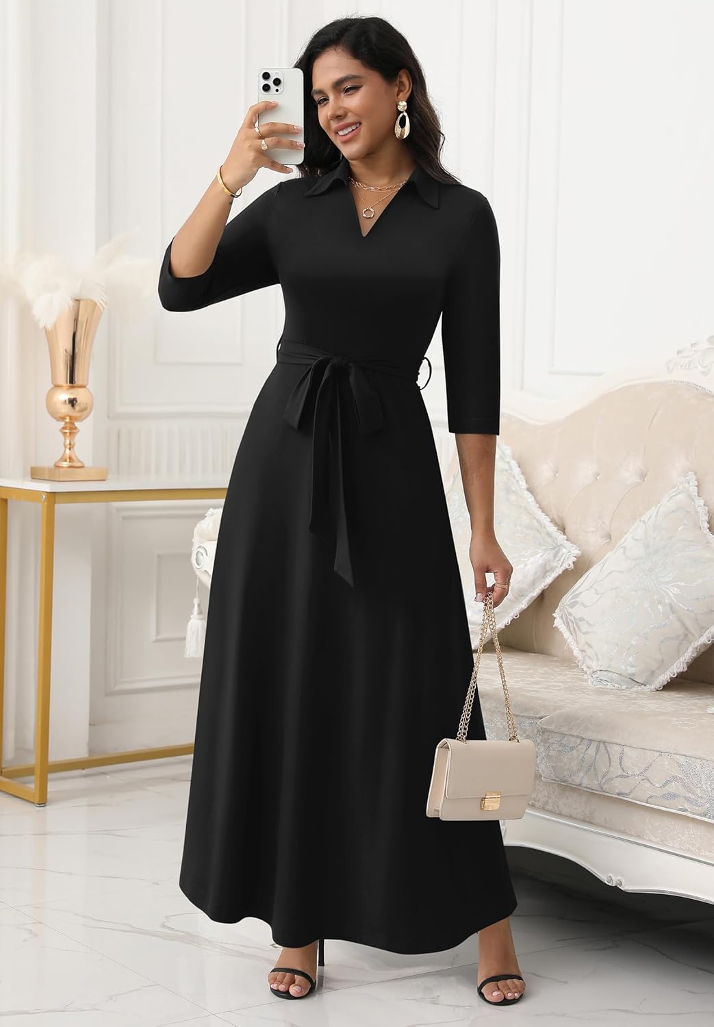 FANDEE Maxi Dresses for Women V Neck Casual A-line Dress 3/4 Sleeve Semi Formal Dress for Women - Image 5
