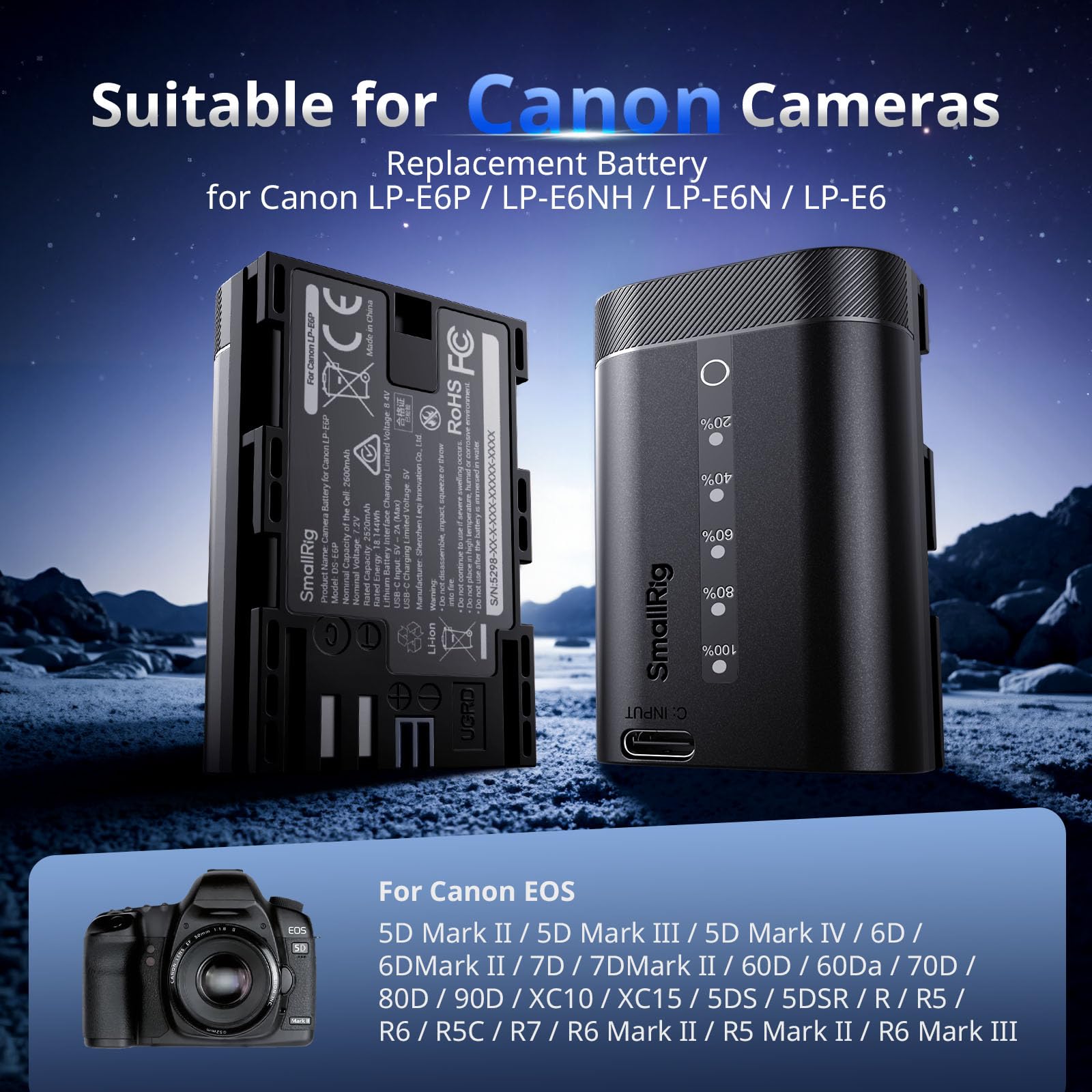 SMALLRIG LP-E6P Kamera-Akku für Canon, 2520mAh USB-C Akku mit LED-Anzeige, 2,5 Stunden Schnellladung, vollständig dekodiert für Canon R6 Mark III/II, R5 Mark II/III, 5D Mark II/III/IV, R5, R5C - 5298
