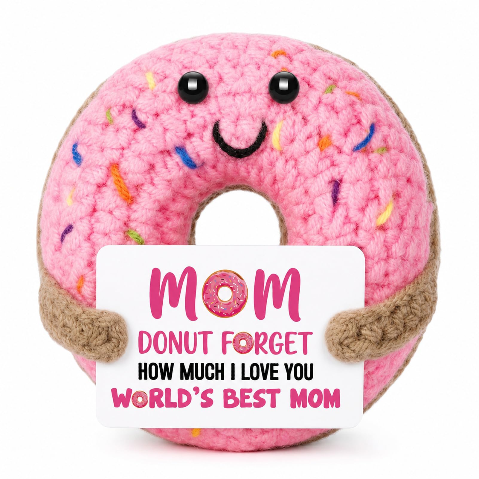 BOBPPOP 1 Piece Crochet Donut Plush, 3.1 Inch Handmade Pink Stuffed Animal with 'World's Best Mom' Card, Gift for Mum — image 1