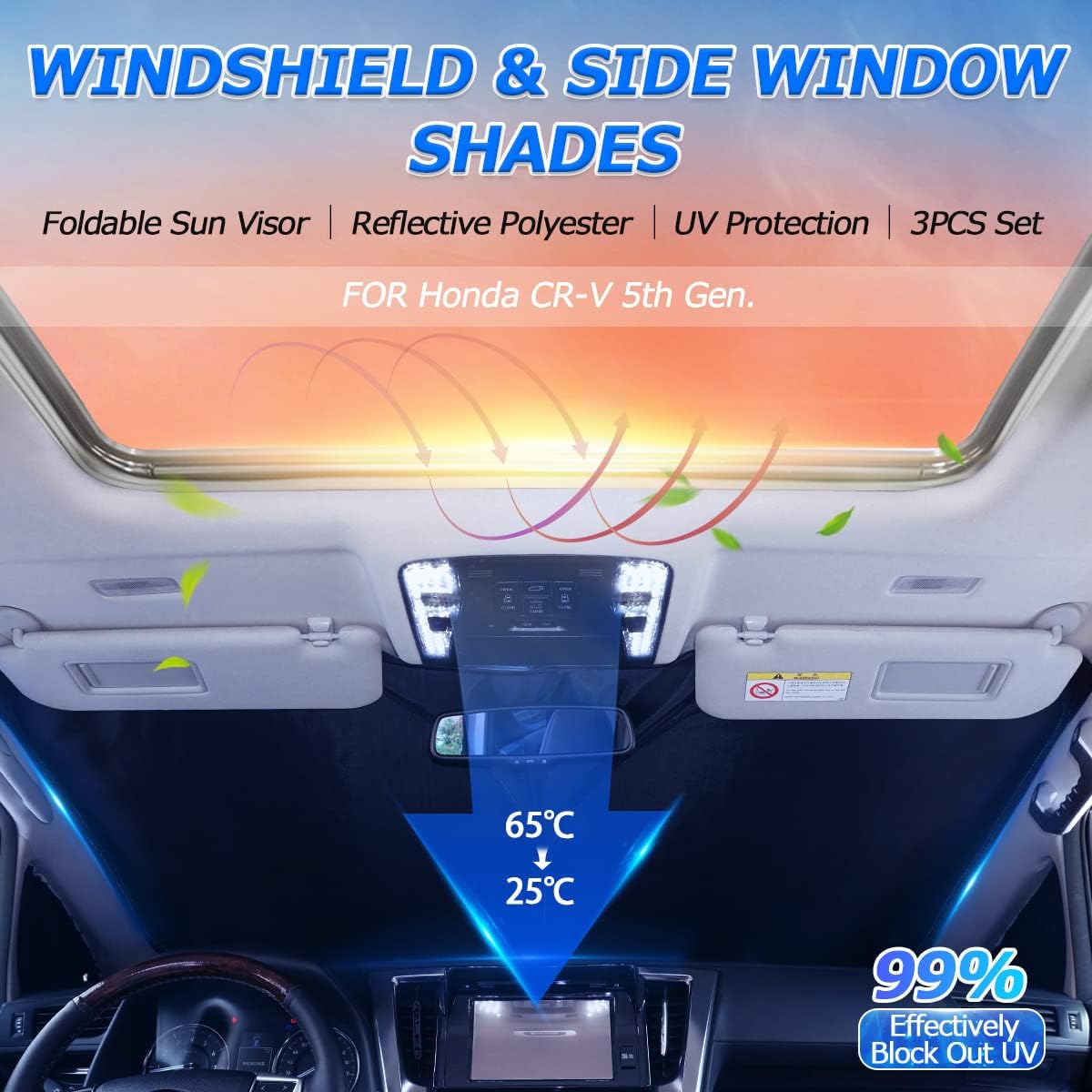 Karltys 3PCS Windshield Sun Shade for 2017-2022 Honda CRV, Thickened Front and Side Window Sunshade Custom Fit CR-V, Foldable Sun Visor Cover UV Blocker Keeps Your Car Cool