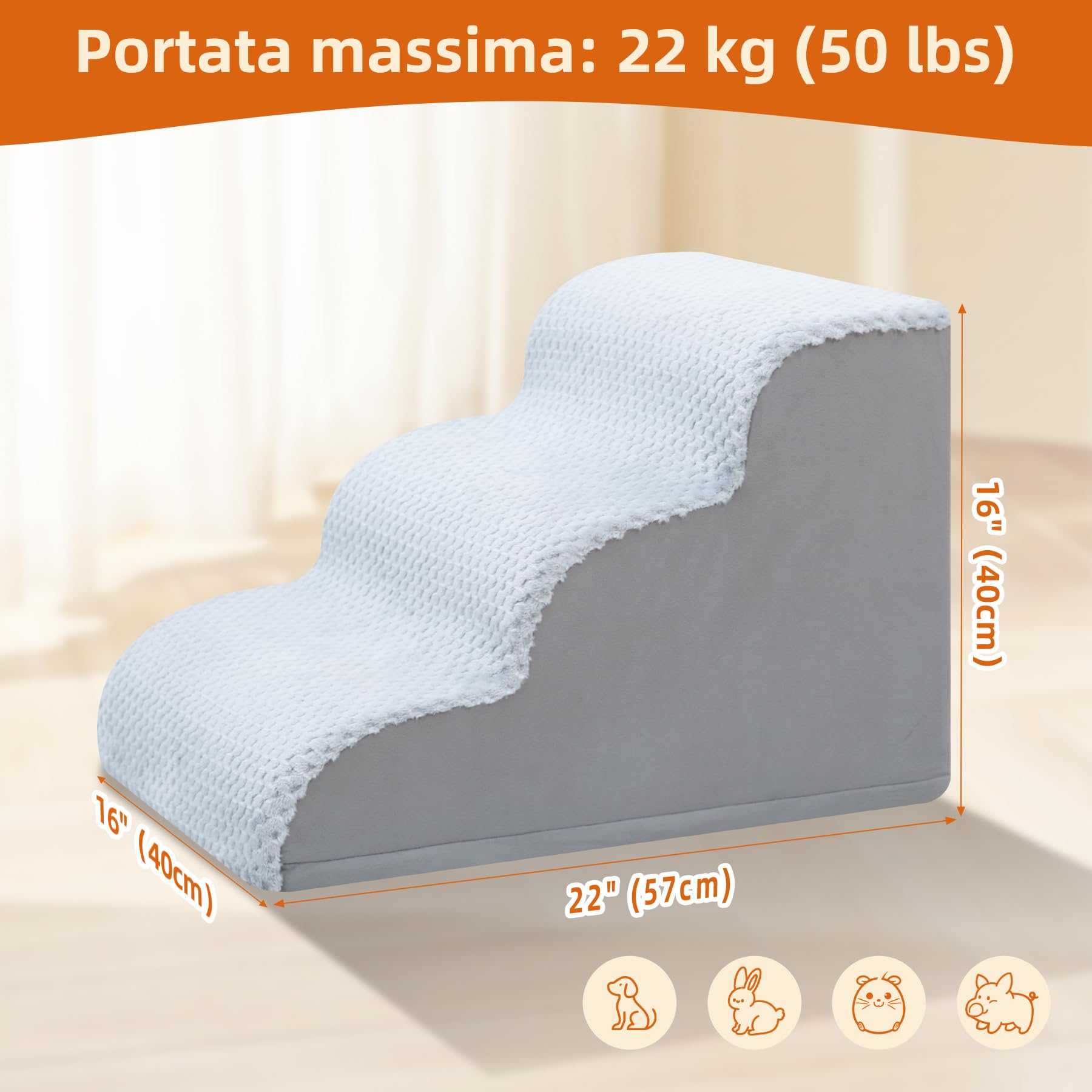 KSIIA Scaletta per Cani 3 Gradini 40 cm Antiscivolo - Rampa per Cani Copertura Rimovibile e Lavabile, Scala per Animali Domestici Accesso per Divano e Letto, Ideale per Cuccioli e Anziani, Grigio