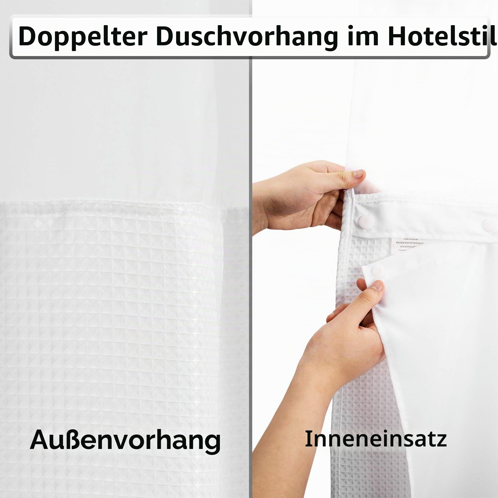 ALYVIA SPRING Duschvorhang mit Waffelgewebe, abnehmbarem Stoff-Liner und Haken-Set Hotel-Stil und durchsichtiges Fenster, doppellagig und maschinenwaschbar für einfache Reinigung, 180 x 183 cm, Weiß