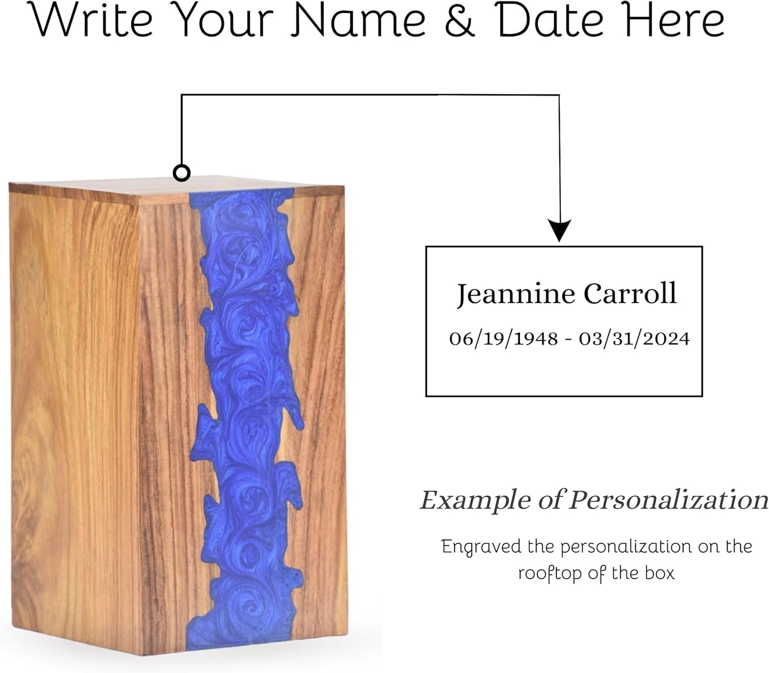Personalization Wooden Cremation Urns for Human Ashes | Wooden Handcrafted Memorial Urn with Epoxy Resin | Personalized Burial Urns for Ashes for Women & Men (Brown + Blue, Large, with Text)