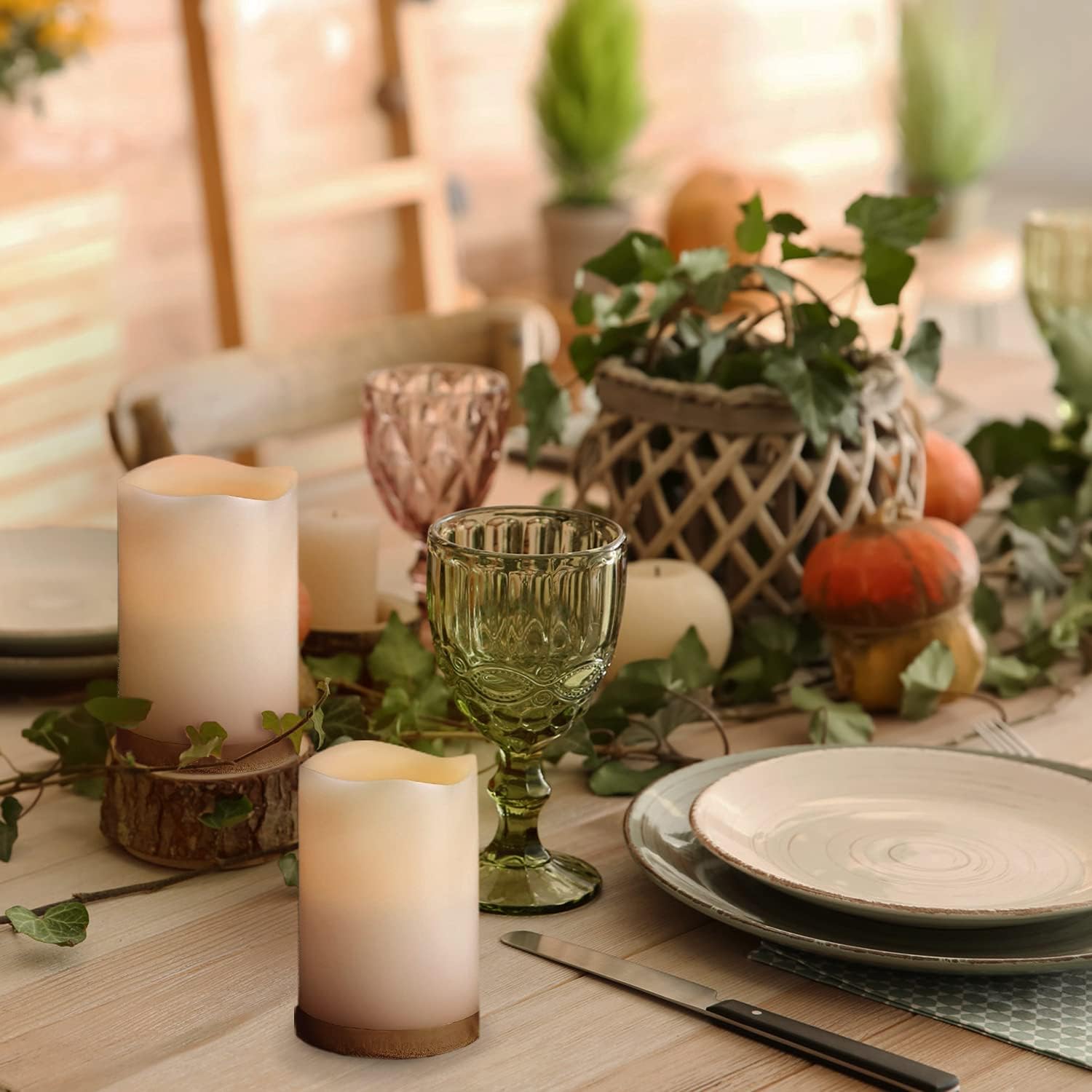 White LED Flameless Pillar Candles, 2 Pack, 4" x 6" Wax Candle Set, Melted Edge, Warm Light - Remote & Batteries Included