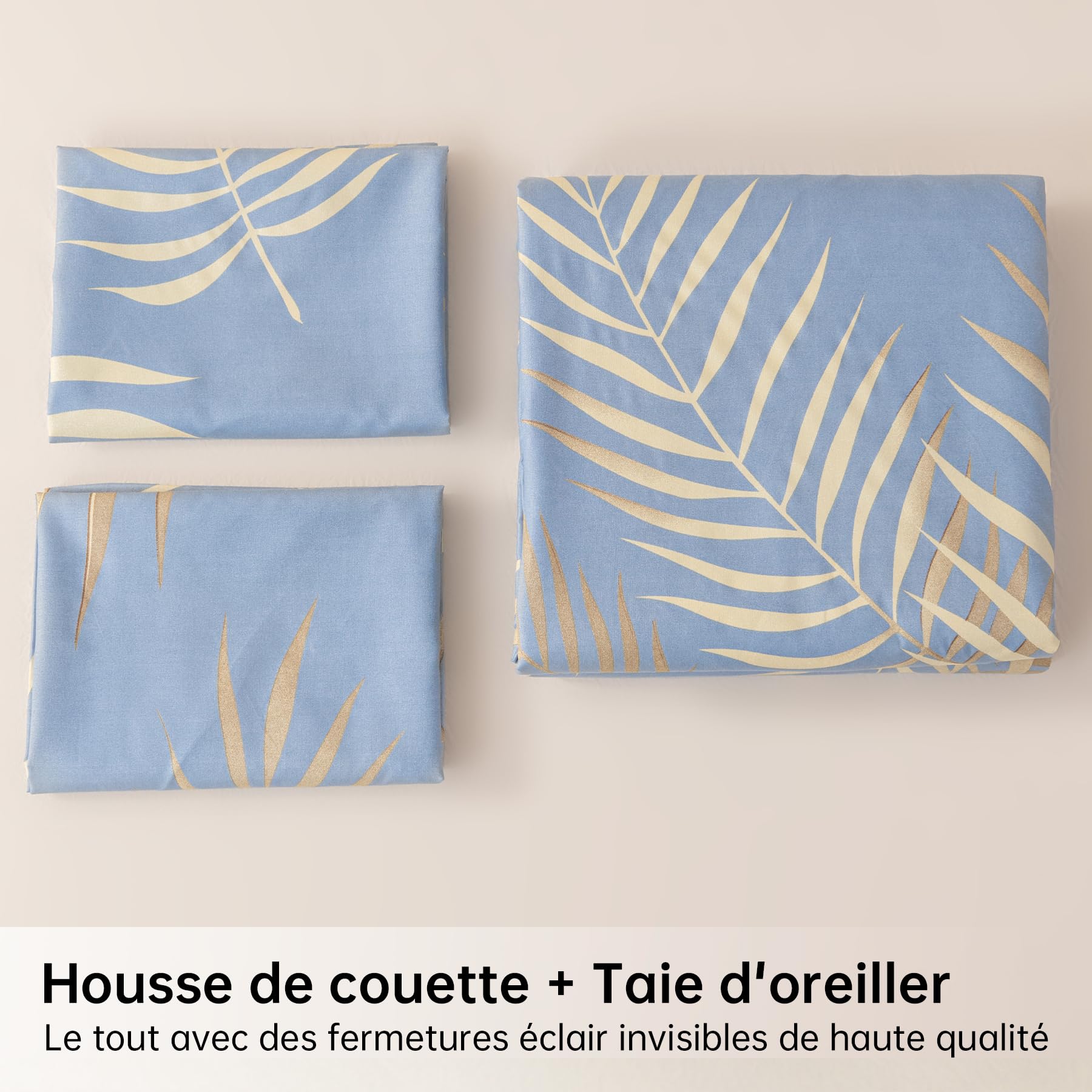 Gezu Housse de Couette Doré 240x260 Motif Feuilles de Palmier Tropicales Parure de Lit 240x260 Or et Bleu Botanique Linge de Lit 2 Personnes Adulte avec Fermeture Éclair et 2 Taies d'oreiller 65x65cm