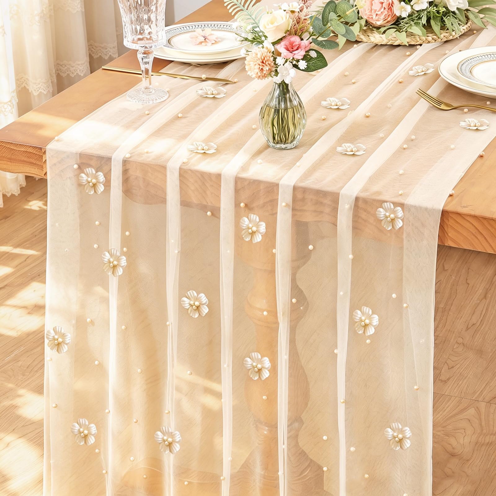Pearl Gauze Table Runner White 75x300cm Cheesecloth Table Runner Flower