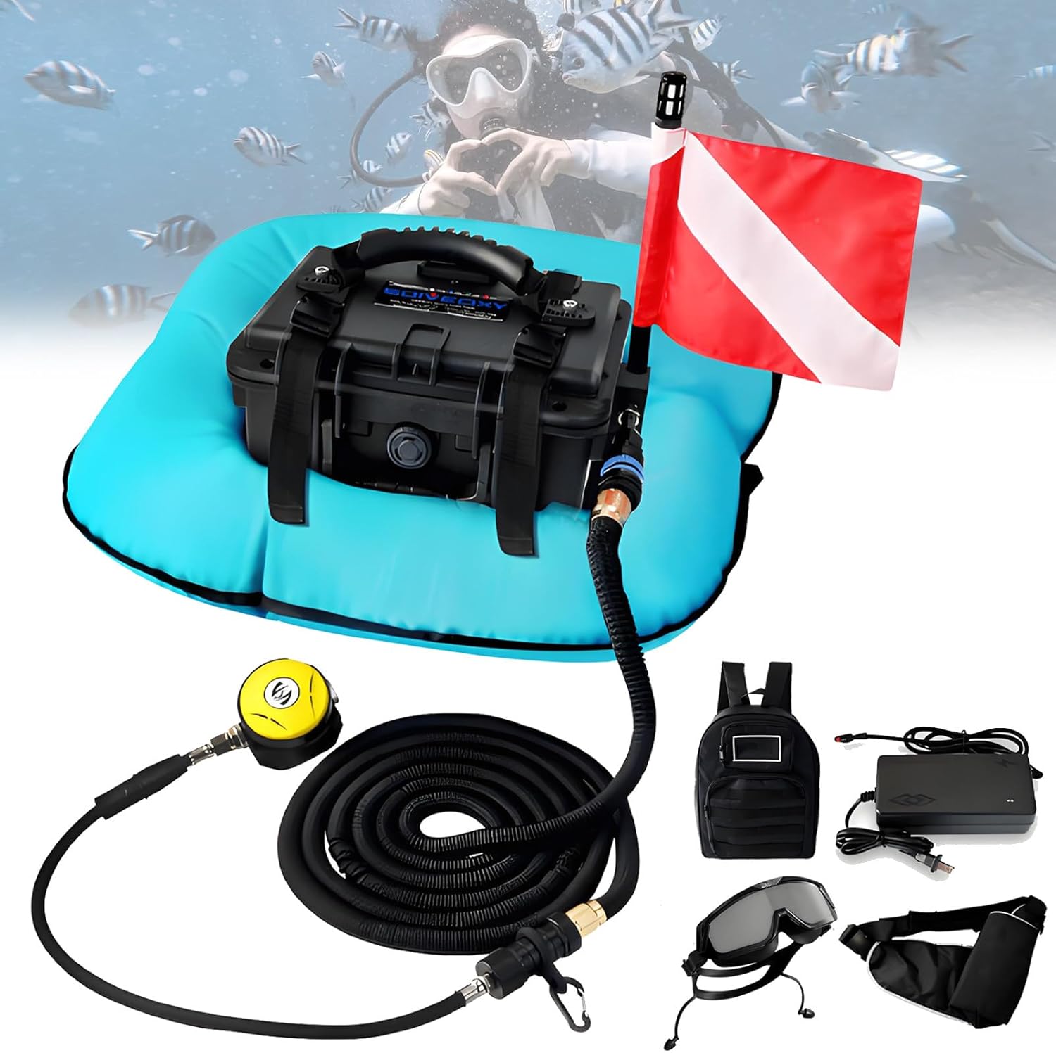 Scuba Diving Ventilator System, Electric Diving Equipment, Scuba Diving Respirator, Lightweight Tankless Design, Maximum Diving Depth 9 Meters, Suitable for Sea Fishing, Diving. Blue-1Battery