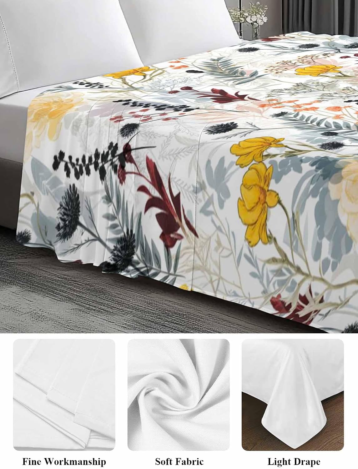 Top Sheet Twin XL Bedding Flat Sheet Only, Rustic Wildflower Leaf Microfiber Bed Sheets Soft Breathable Bedding Flat Sheets, Watercolor Pastoral Floral Plant Hotel Luxury Top Sheets