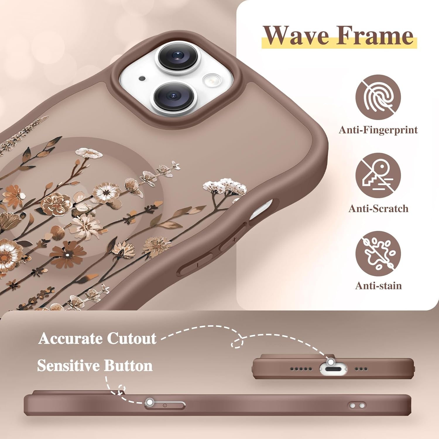 GVIEWIN Cute for iPhone 14 Case & iPhone 13 Case [Compatible with MagSafe] [Curly Wave Edge] Floral Translucent Magnetic Shockproof Protective Phone Cover for iPhone 14/13 6.1'', Floratopia/Brown - Image 5