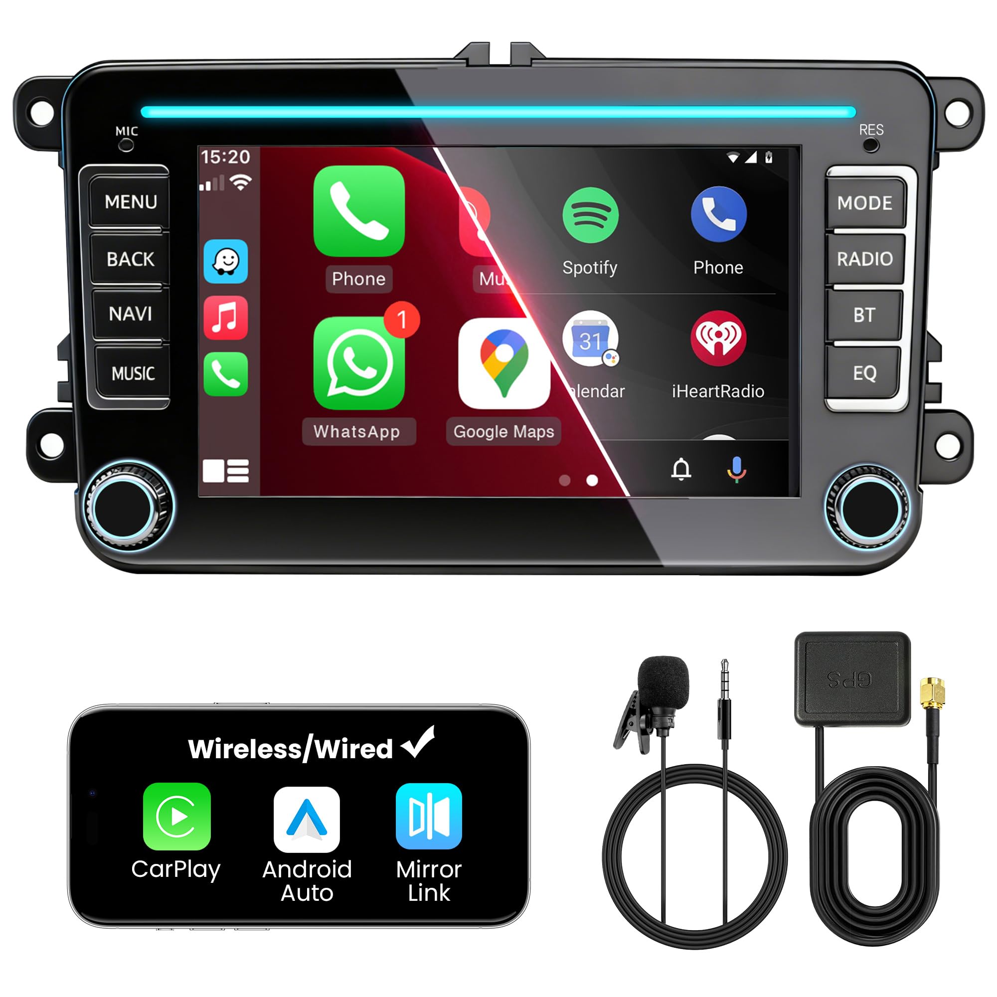 Doppel DIN Bluetooth Autoradio mit Bildschirm für VW Golf 5 6 T5 Polo 6R Caddy Passat Touran, Skoda, SEAT, Wireless CarPlay Android Auto Mirrorlink, 7" Auto Radio, 4+64GB, WLAN DAB+ FM GPS