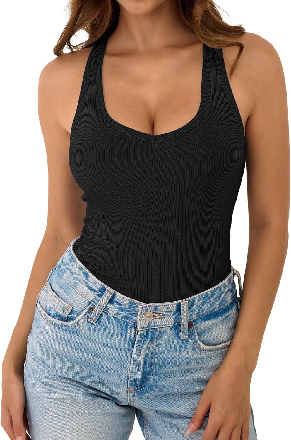 Womens Sleeveless Tank Top Form Fitting Spaghetti Strap V Neck Ribbed Knit Basic Cami Layering Shirts - Image 2