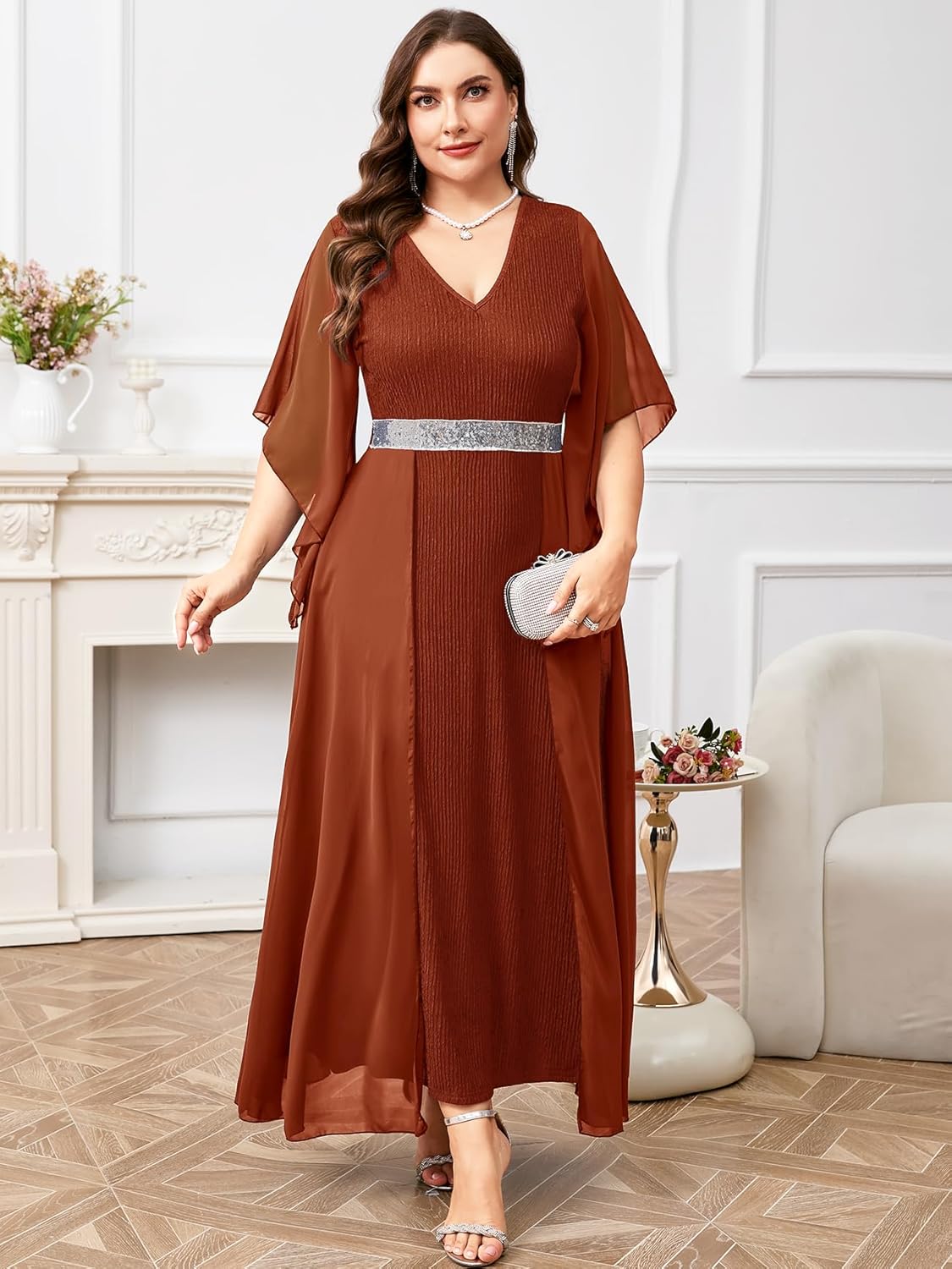 ZOMVA Plus Size Formal Dress V Neck Chiffon Handkerchief Sleeve Mother of Bride Dresses Wedding Guest Party Evening Gown - Image 4