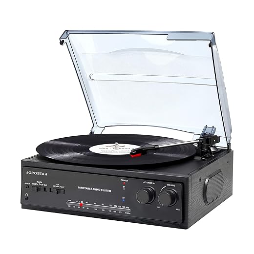 JORLAI 3 Speed Vinyl Record Player with Dual Bluetooth AM/FM Radio Vintage Turntable with Built-in Speakers Support Aux in RCA Line Out
