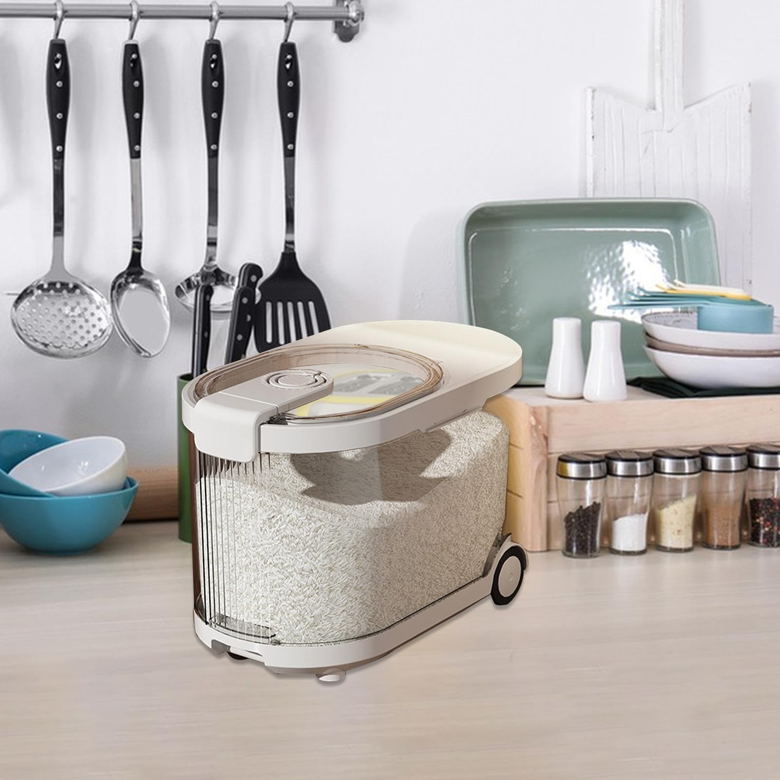 Dispenser di riso | Dispenser trasparente per cereali con coperchi e ruote, contenitore ermetico per cibo per cani, scatola per condimenti per cucina e casa | contenitore ermetico per cibo per cani, scatola per condimenti per cucina e casa