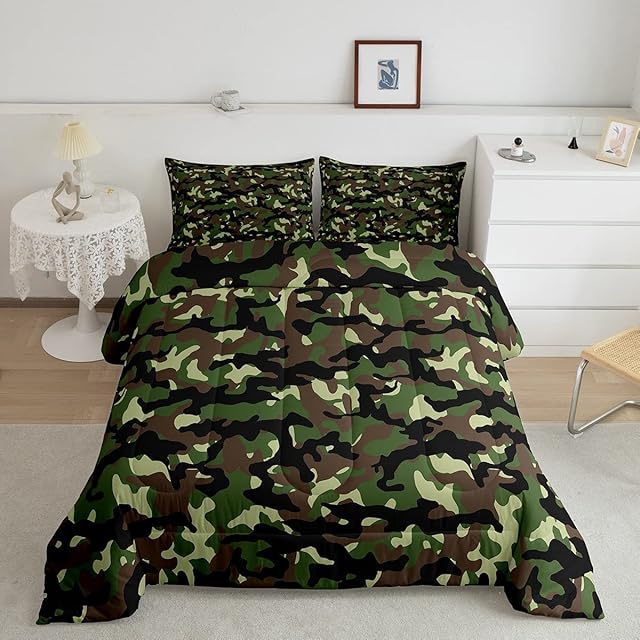 Loussiesd Camouflage Bedspread Single For Kids Boys Makes Hidden Army Green Quilted Bed Teenagers Decorative Winter Summer Bedspread Camouflage Super Soft with 1 Pillowcase