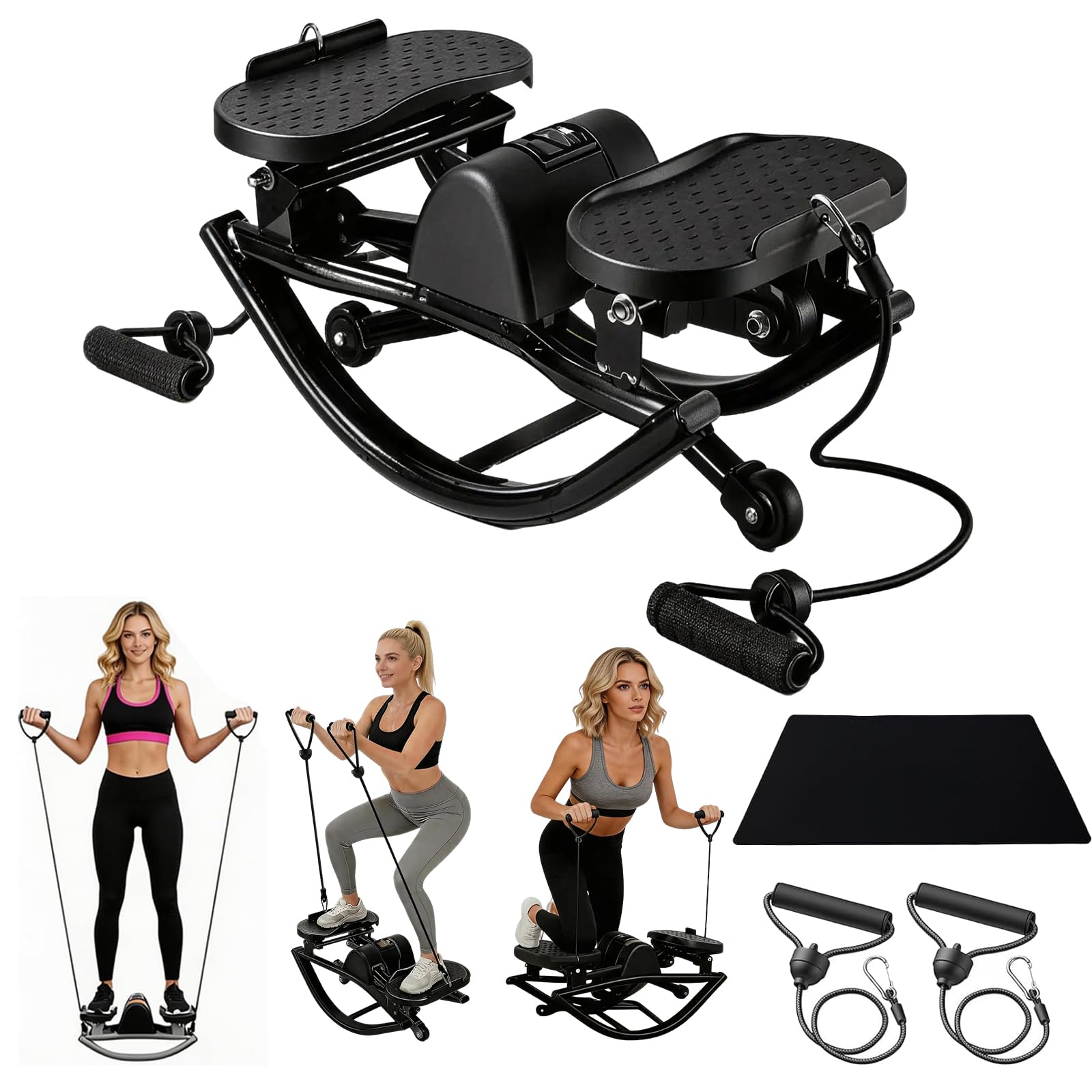 Stepper für Zuhause, Rocking U-Shape Mini Stepper Fitness Leiser Heimtrainer mit LCD-Display mit Widerstandsbändern und Bodenmatte für Training Von Beinen Armen und Gesäß At Zuhause
