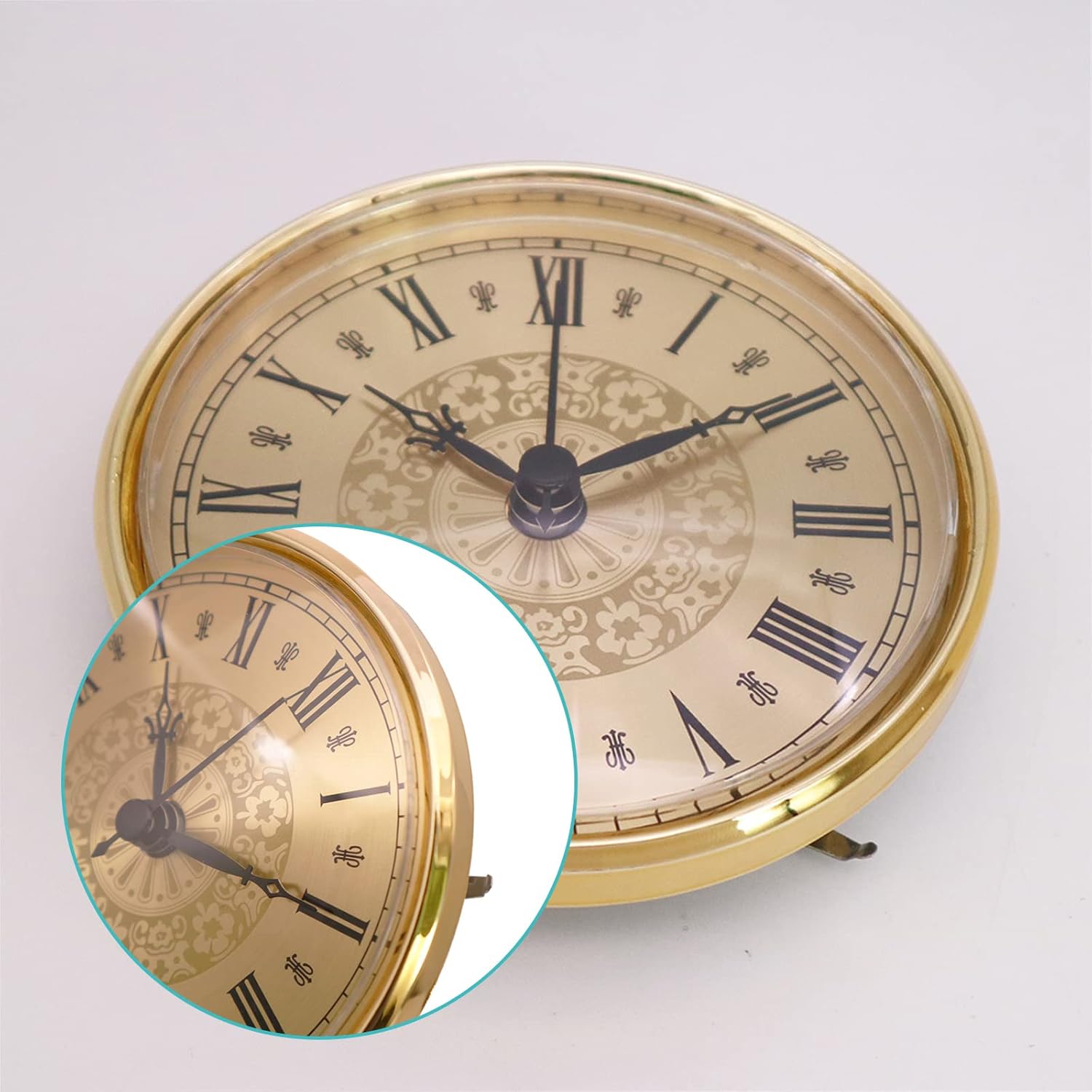 Mini Clock Inser,Large Round Quartz Clock 4.3Inch(110mm) Fit-up Movement Miniature Clock with Gold Dial Gold Tone Bezel Roman Numerals,Fit 3.7 Inch (94 mm) Diameter Hole