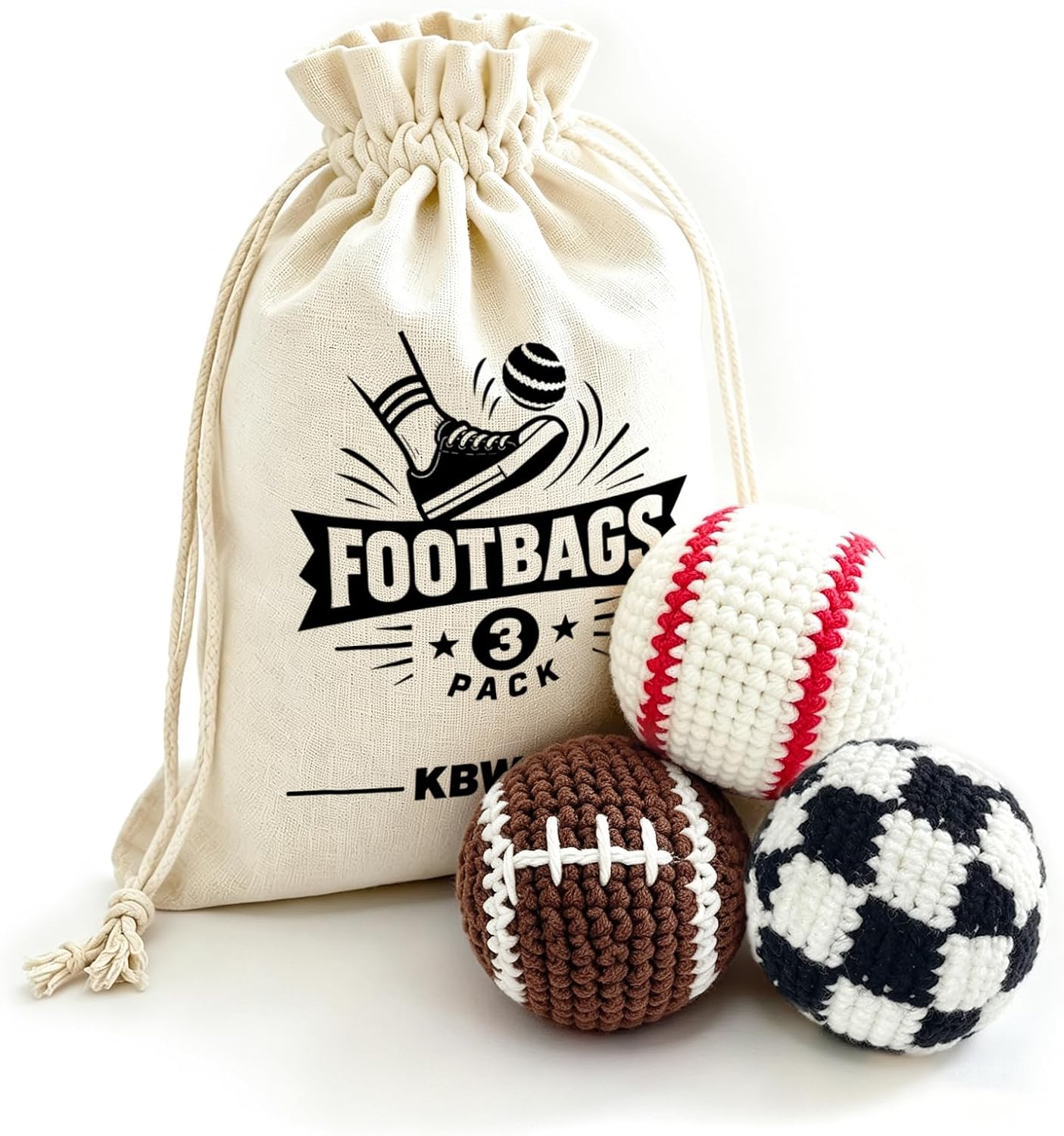 3 Pack Sports Crochet Footbag Set with Canvas Bag,