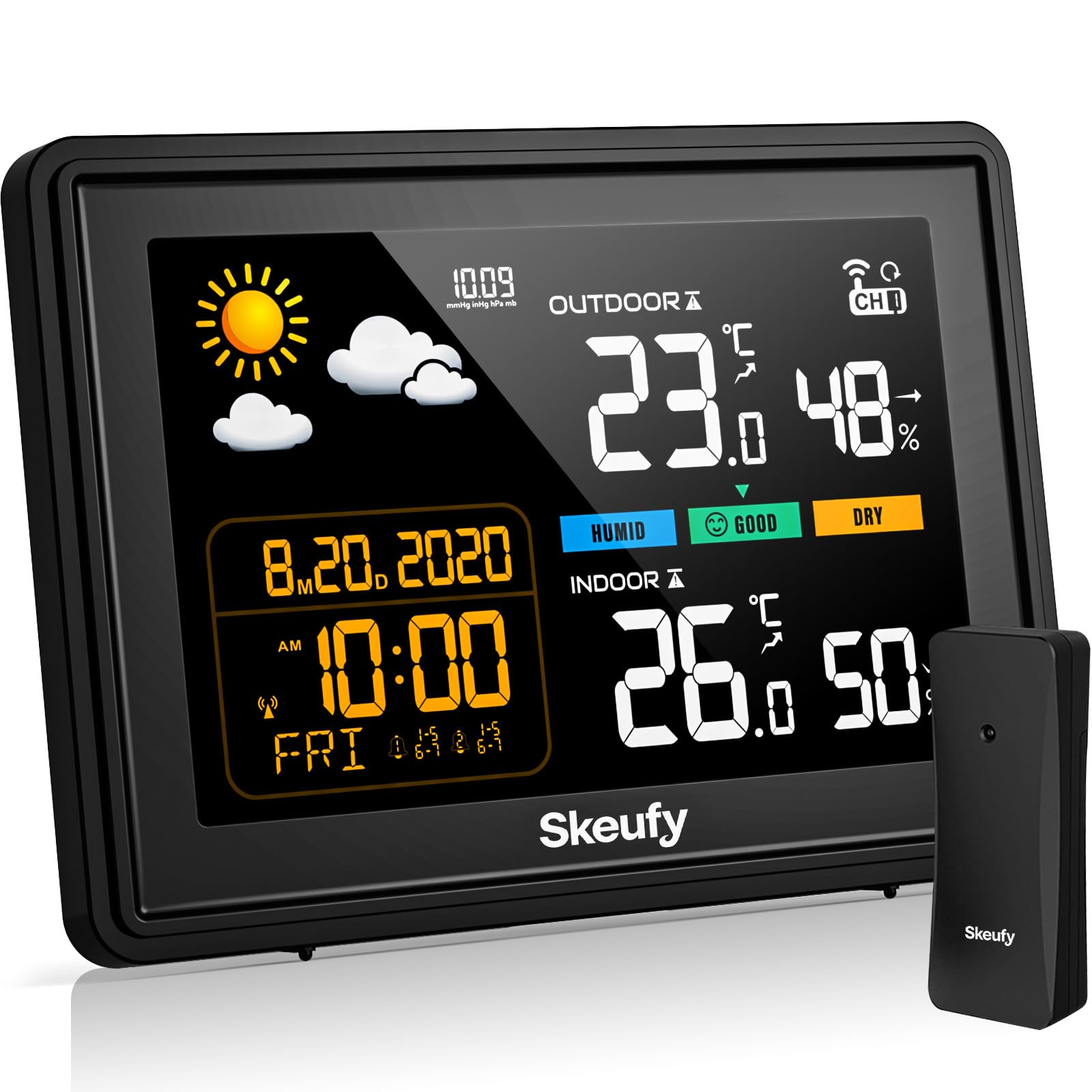 Skeufy Wetterstation Funk mit Außensensor, Innen und Außen Temperatur, Luftfeuchte, Funkwetterstation mit Wettervorhersage, Barometer, Digital Farbdisplay DCF Funkuhr zum Stellen,Hängen,Schwarz