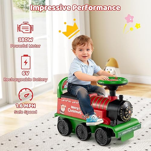 Miniatura 6 de Costzon Tren de paseo de 2 plazas con carruaje, juguete de 6 V con almacenamiento debajo del asiento, reposapiés, silbato de tren, música y luces