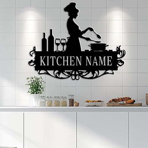 Miniatura 5 de Arte de pared de metal personalizado con nombre de chef, decoración de cocina personalizada con diseño de chef y batidor, letrero único grabado para