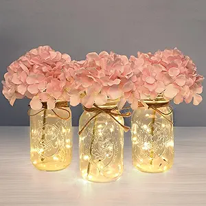 Set of 3 Mason Jar with Lights Blush Hydrangea Decorative Jars Flower Vase Farmhouse Table Centerpiece for Home Wedding Event Party Decor