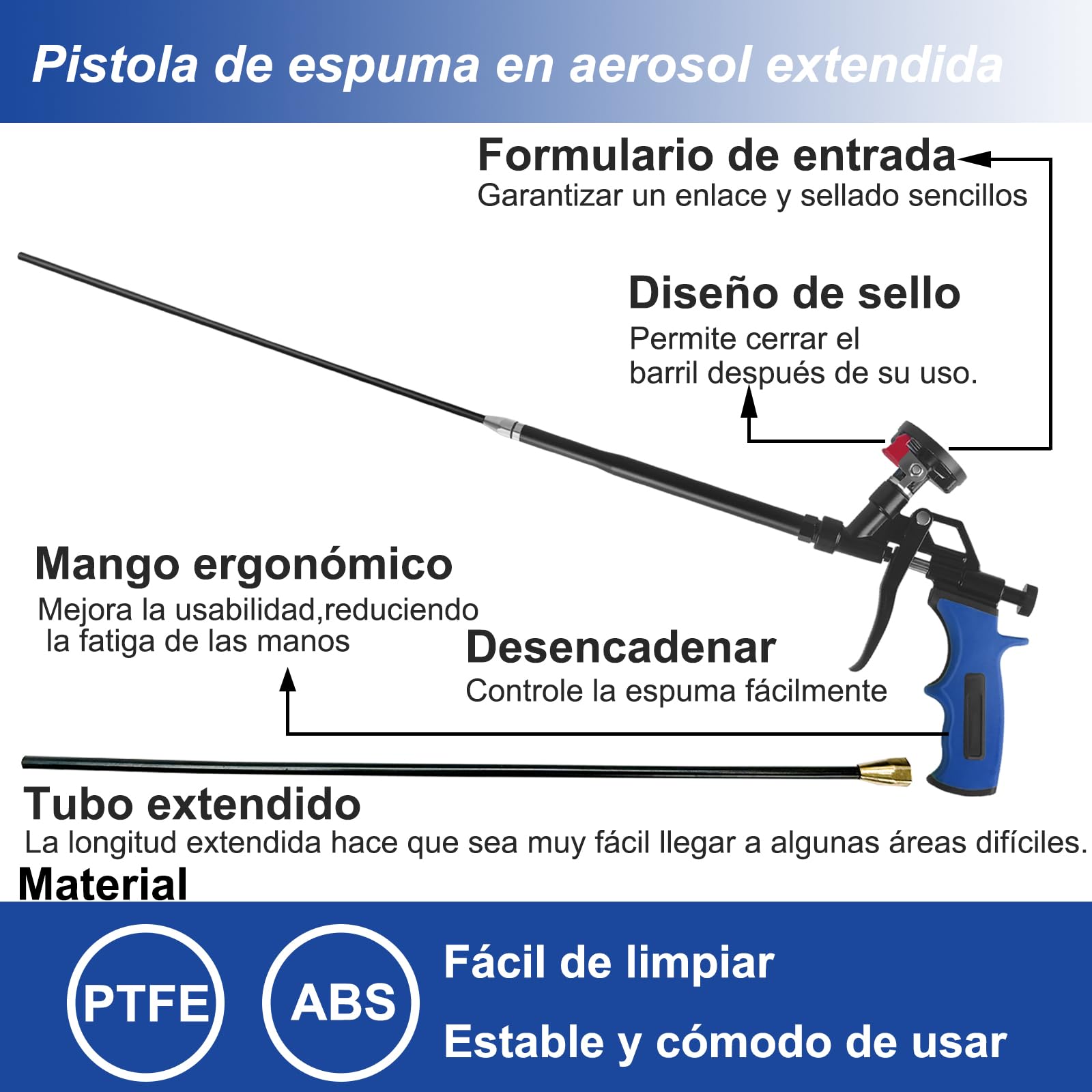 Pistola de espuma desmontable de 24 pulgadas, pistola de espuma expandible profesional, pistola de espuma dispensadora adecuada para calafatear, llenar, sellar (azul)