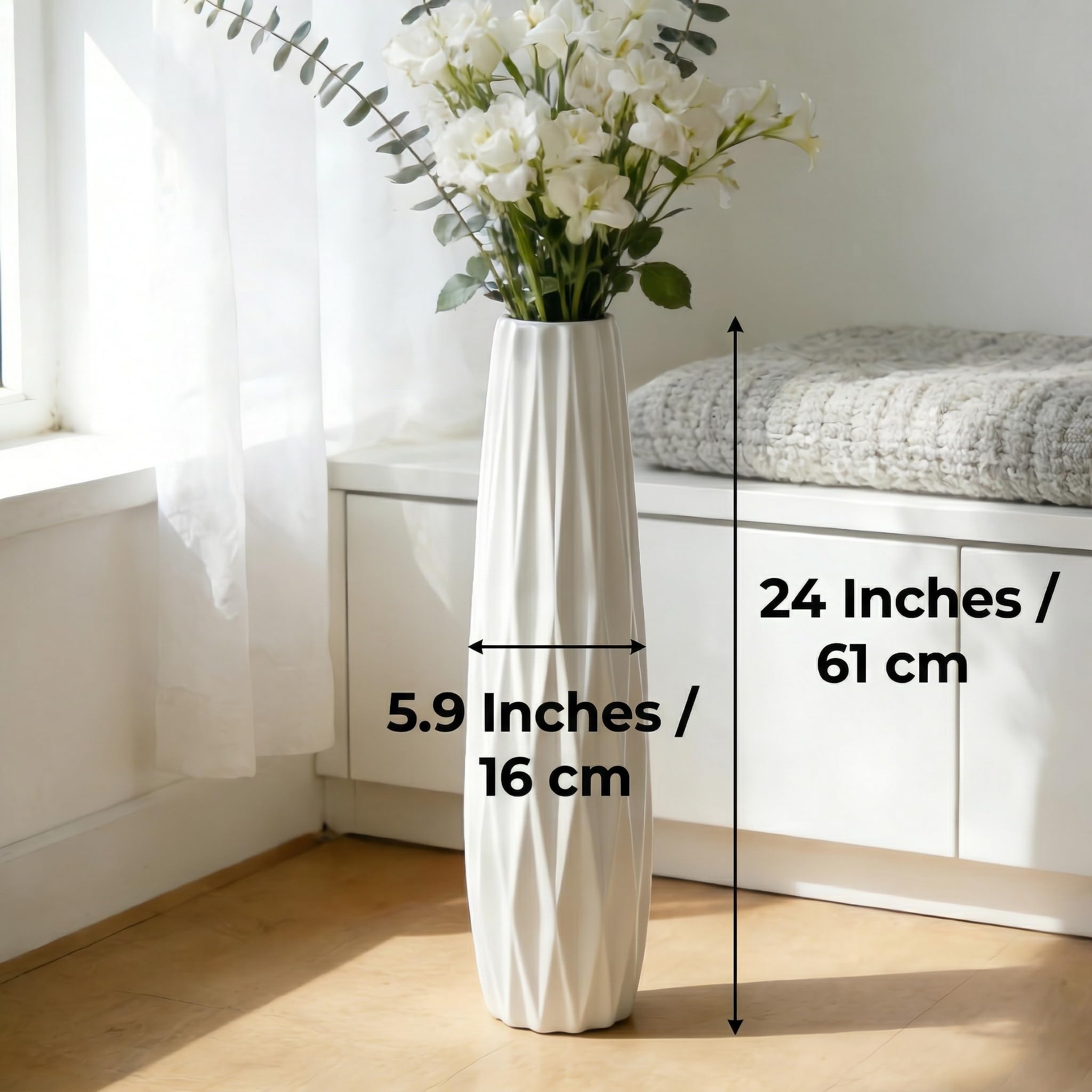 Weiße Keramikvase Bodenvase 24 Zoll/60 cm hoch Boden Blumenvase Halter dekorative große Vasen für Tisch Tafelaufsätze Regal Home Decor Wohnzimmer getrocknete Blumen Arrangement einfache Vase