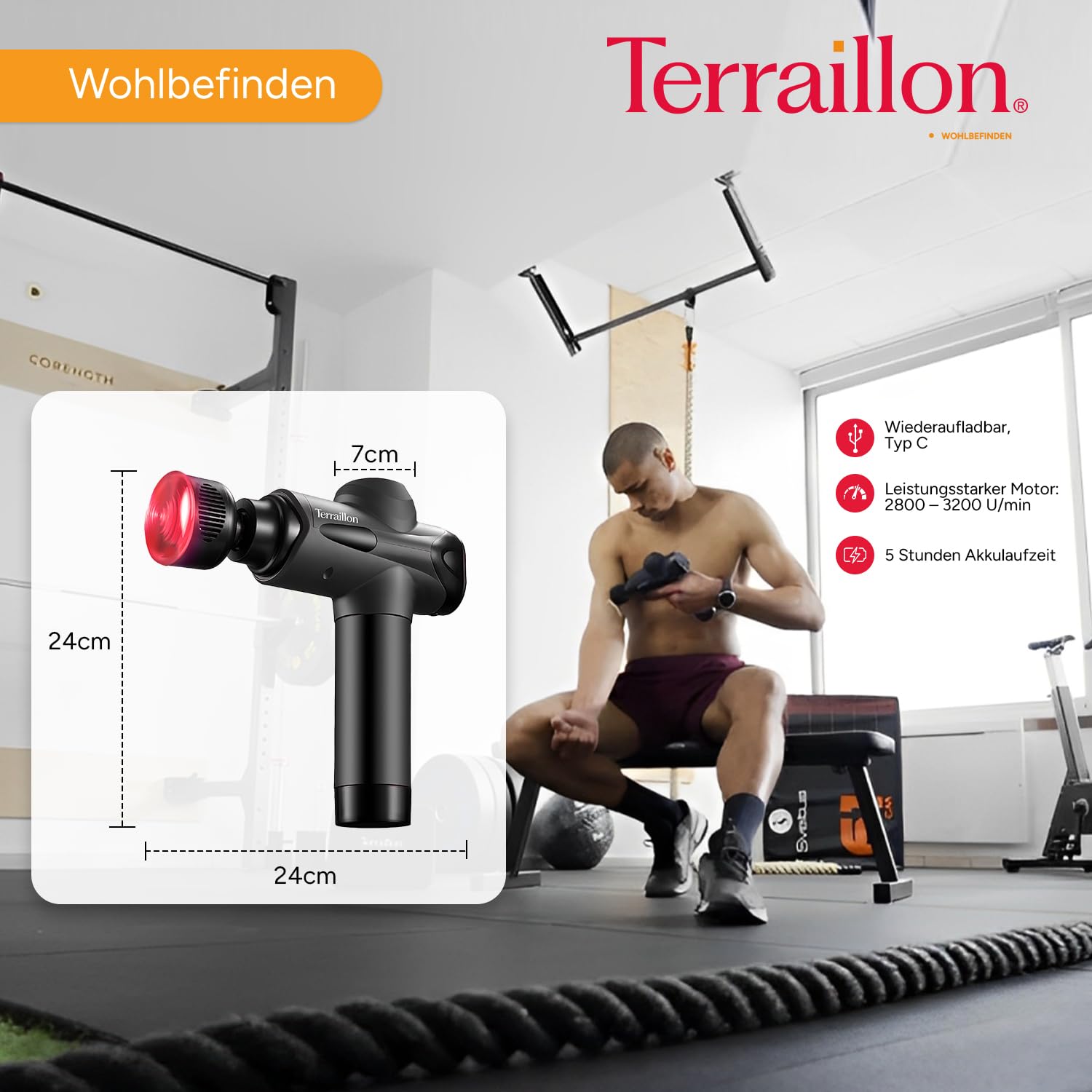 TERRAILLON - GUN MASSAGER EXPERT - Multizonen-Massagepistole, 20 Geschwindigkeiten 2800-3200 RPM, Digitalanzeige, Integrierter Timer, 5 Silikonaufsätze, davon 1 warm-kalt, USB-C, inkl. Etui, Schwarz