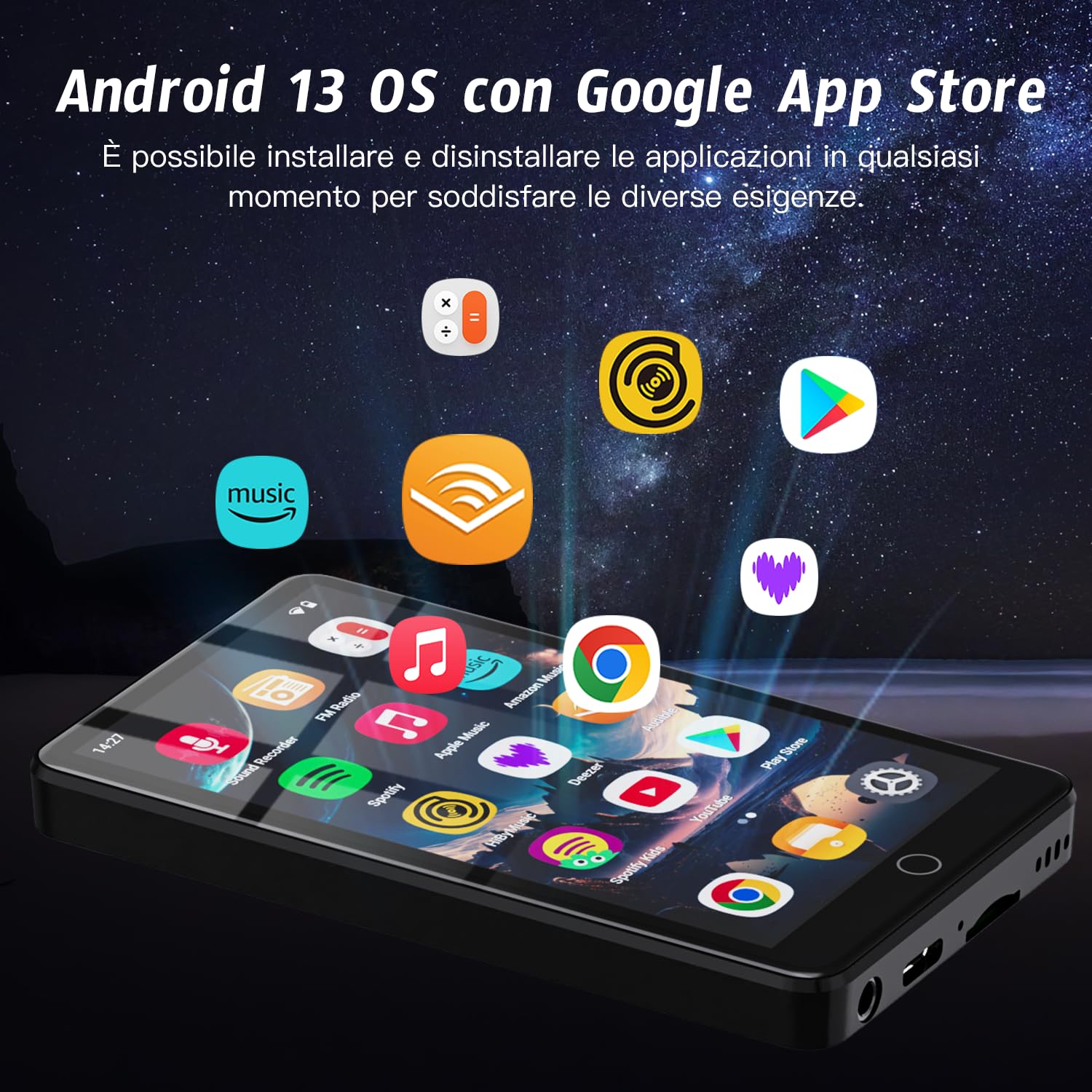 Lettore MP3 da 32 GB con Bluetooth e WiFi, 4.02 pollici IPS HD Touch Screen Lettore MP4 con altoparlanti, lettore musicale per bambini con sistema operativo Android 13, lettore Android con Spotify
