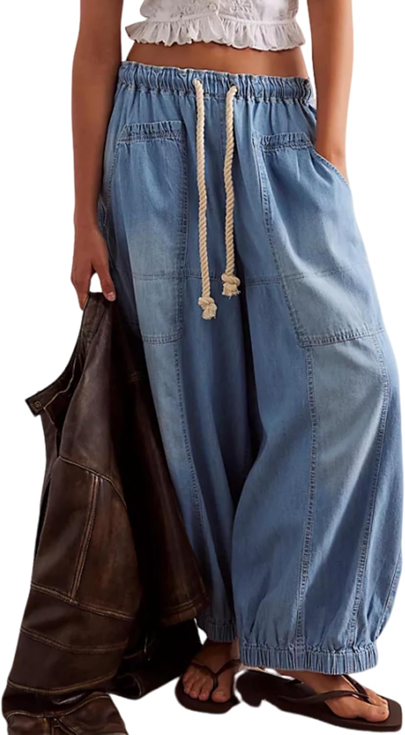 Hooever Women’s Wide Leg Jeans Baggy Boyfriend Elastic Hem Denim Pants with Drawstring Waist