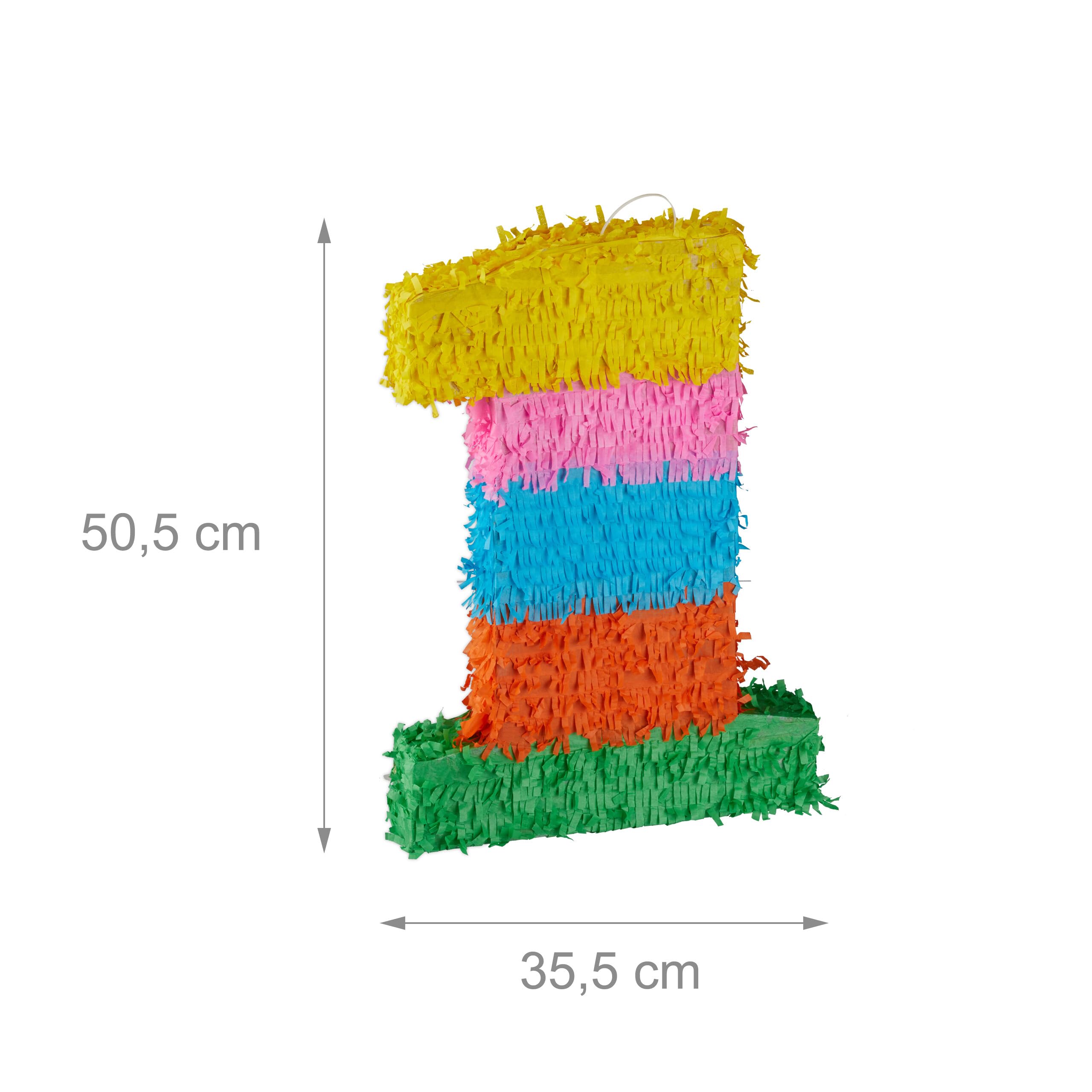 Relaxdays 3-częściowy zestaw Pinata na urodziny, cyfra 1, pręt do pinaty z maską na oczy, dzieci i dorosłych, piñata do samodzielnego napełniania, kolorowa