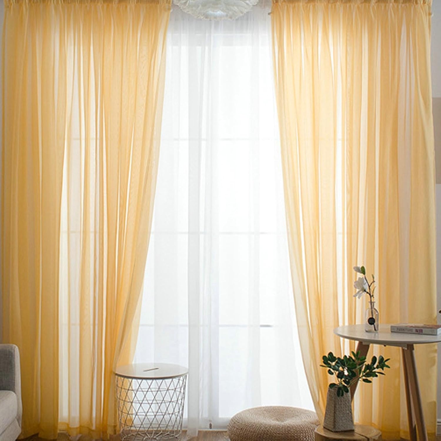 Daesar Semi Transparent Curtains for Living Room 2 Panels Set, Polyester Rod Pocket Voile Curtains 52" W x 84" H Drapes Solid Color Light Yellow Sheer Curtains for Bedroom