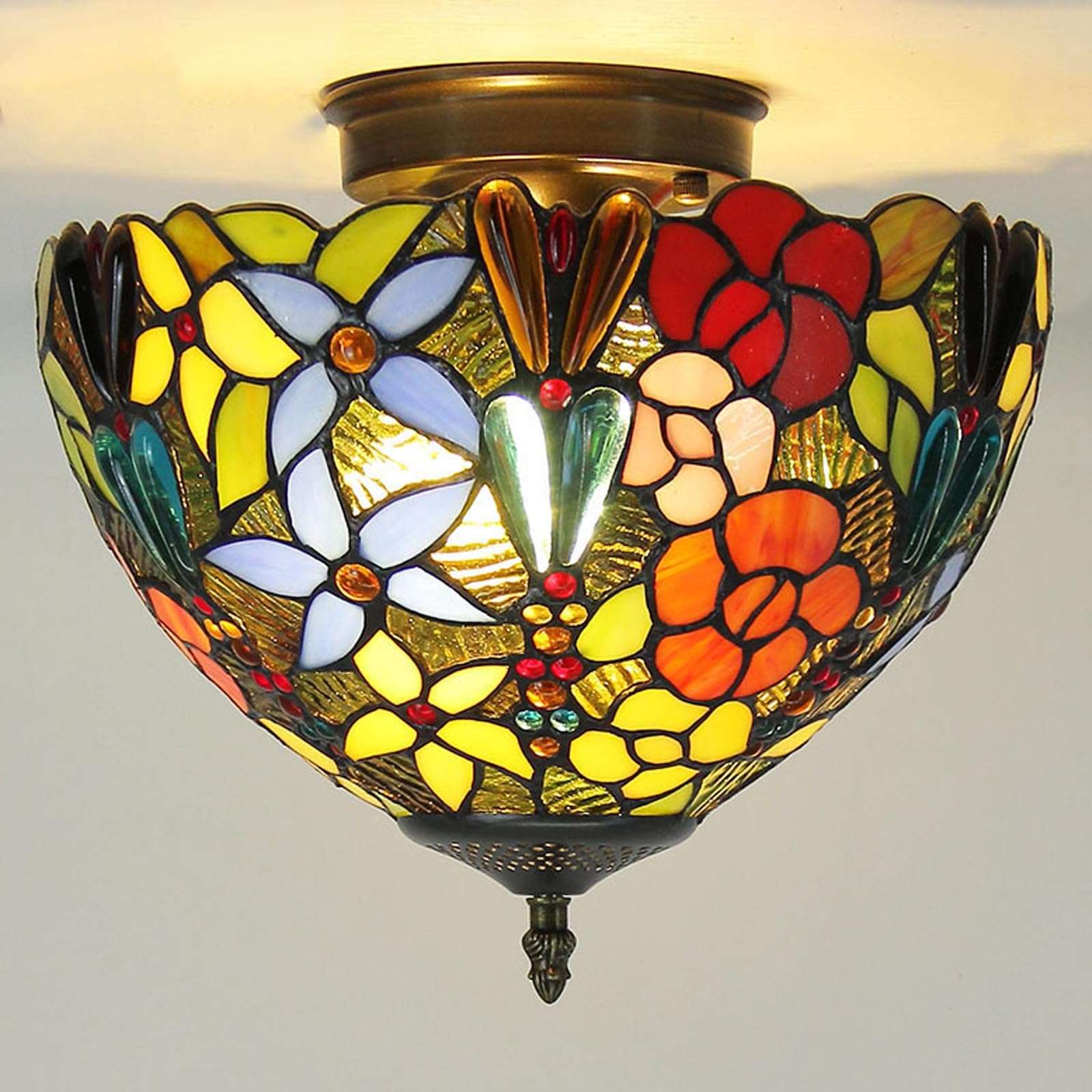 WDBZTJ Tiffany Style Ceiling Light Flush Mount, 12 inch Stained Glass Ceiling Lamp, E27 Bulb, Vintage LED Chandeliers for Living Room Bedroom(E3)