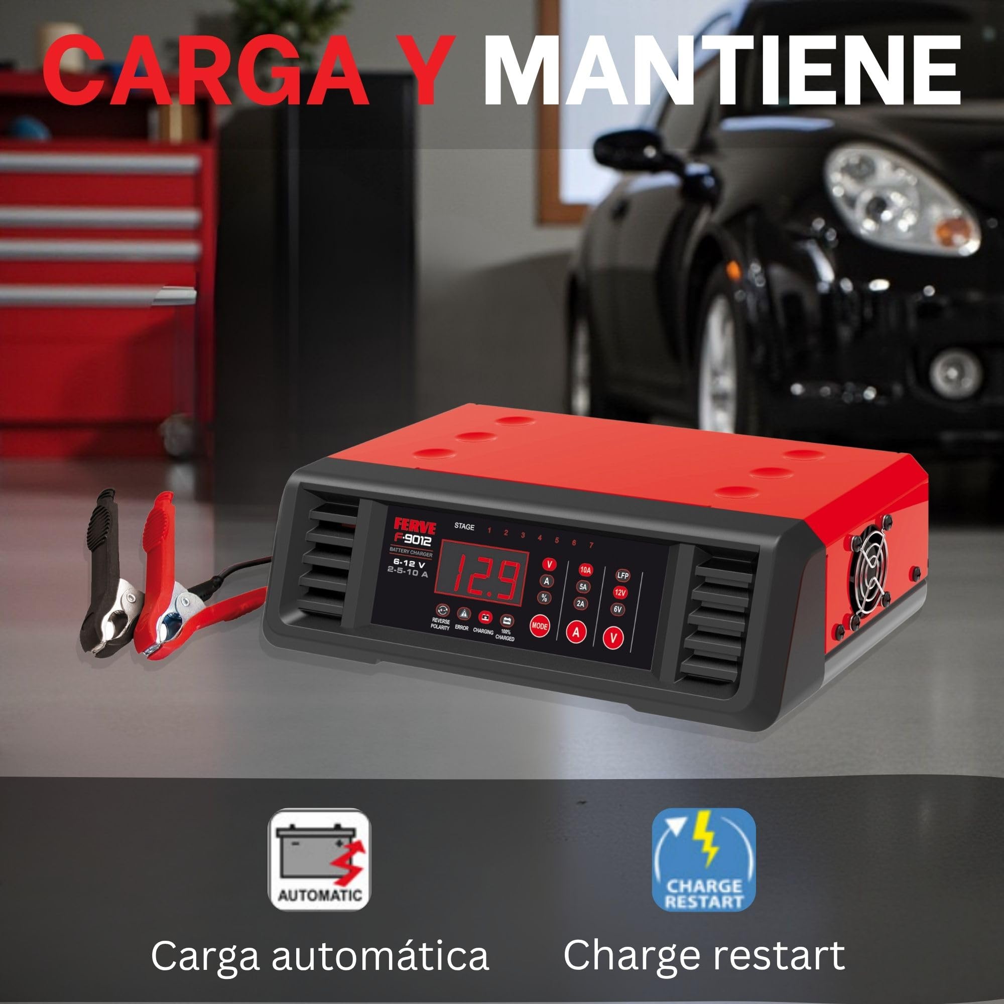 Ferve F-9012 Cargador de Bateria Automático - Mantenedor Inteligente 2-5-10A 6V/12V para Moto y Coche - Tecnología RF - Autoreinicio - con Pinzas y Terminales - para Baterias de Plomo-Ácido y Litio.