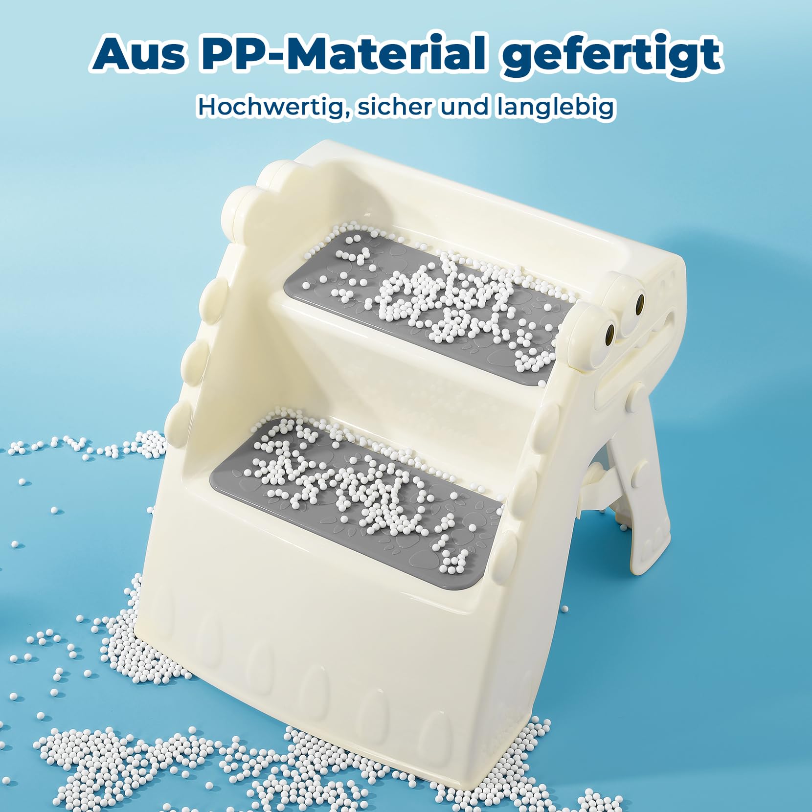 Tritthocker Kinder, Hocker Kinder Klappbar Tritthocker 2 Stufen, Rutschfester Hocker Kinder Bad Anti-Kipp Trittschemel für Baby Kinderhocker für Badezimmer und Küche (Cremefarben)