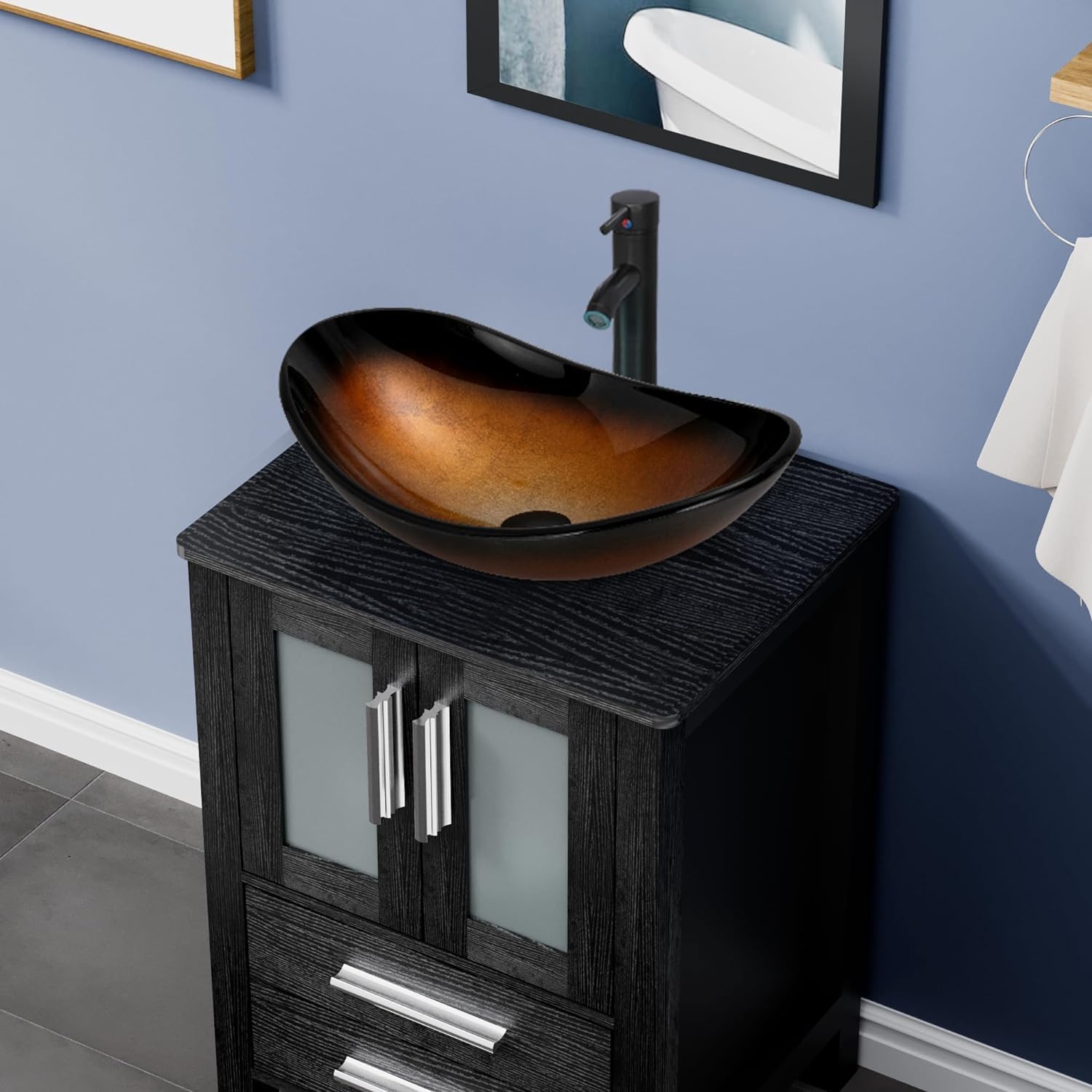 UEV 24" Black Bathroom Vanity with Vessel Sink,Modern Bathroom Vanity Cabinet, Faucet Sink Bowl,Pop Up Drain Included,Modern Brown Boat Tempered Glass Vessel Sink,Mirror Not Included(029BR-new)
