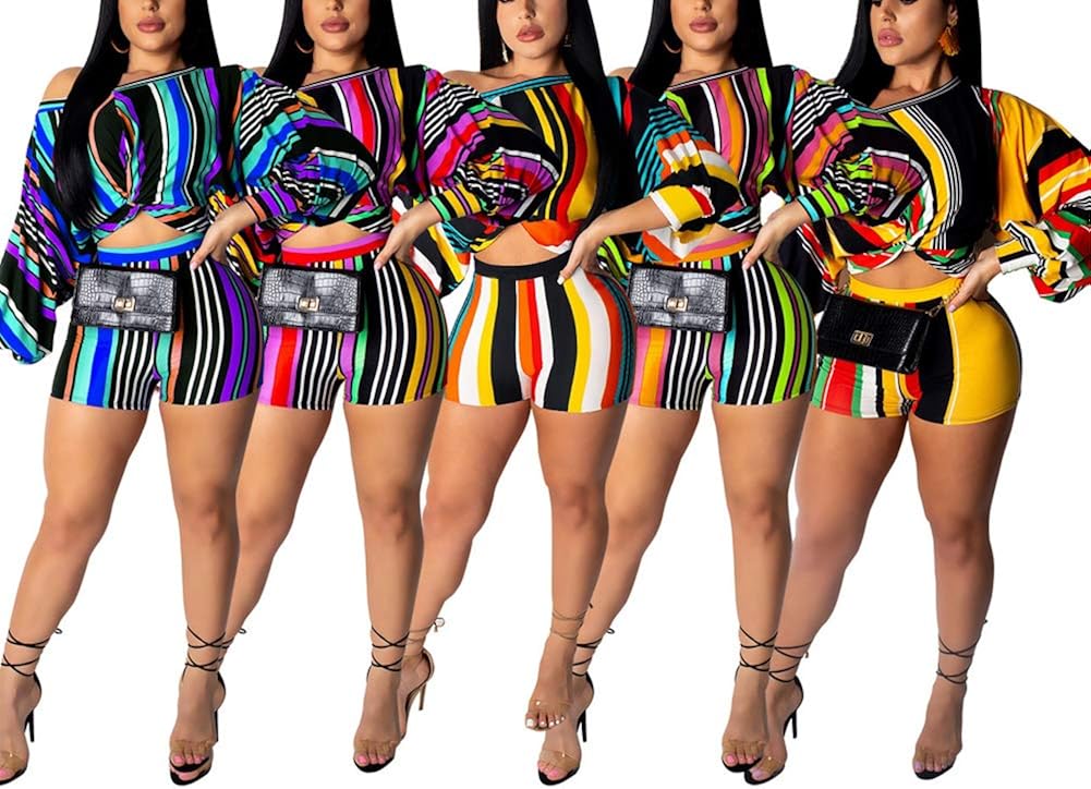 Halfword Women Plus Size Two Pieces Outfits Multicolor Striped Printed - Sexy Fashion Off Shoulder Bubble Sleeve Jumpsuits