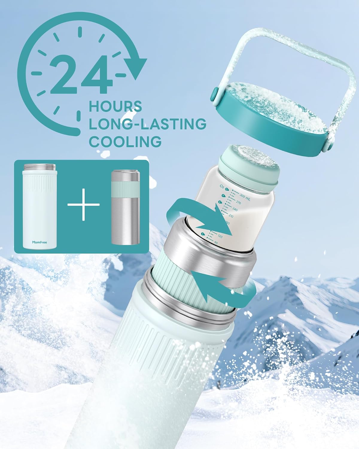22oz Portable Breast Milk Cooler for Breastmilk Storage, 360° Cooling Keeps Milk Fresh 24 Hours, Large Capacity Breastmilk Chiller with 2 Bottles for Work, Travel & Night
